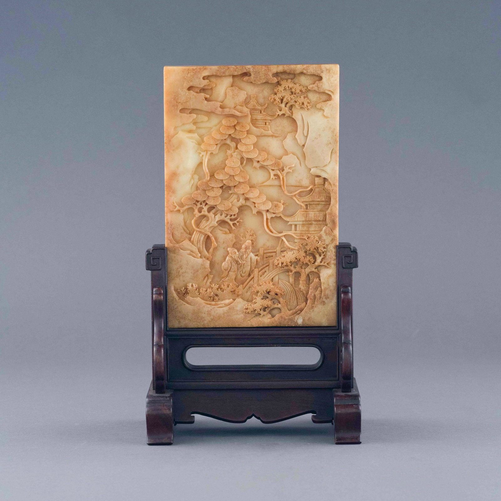 JADE CARVED LANDSCAPE TABLE SCREEN: Dimensions: 12.375in H x 7.125in W x 4.75in D Fine, Chinese Qing Dynasty, Natural Nephrite jade carved landscape table screen. The nephrite jade with semi-precious hard stone inlaid Chinese table scre