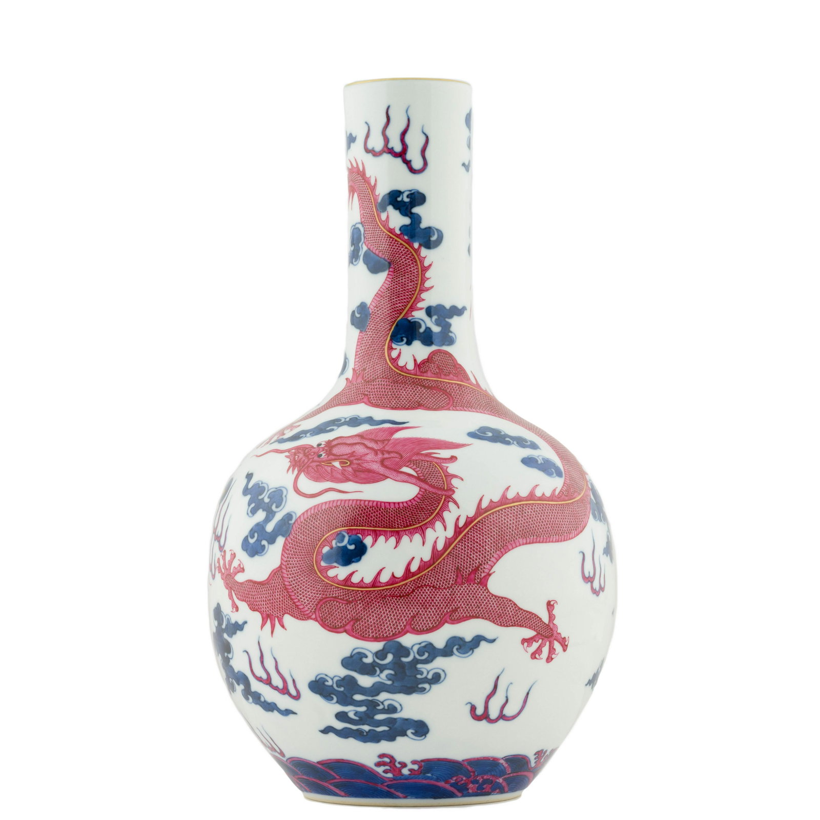 RED DRAGONS OVER BLUE FLAMES CELESTIAL VASE: Dimensions: Height: 12-1/4" Diameter: 5-5/8" Chinese porcelain potted in a celestial form, bulbous body with round shoulder gently tapered toward tall cylindrical neck, leading to slightly wider rim; 