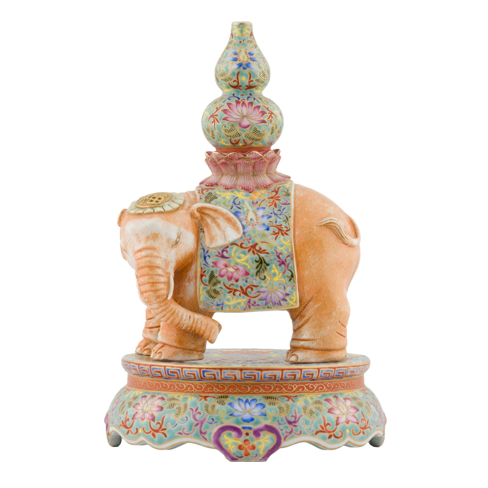 QIANLONG FAMILLE ROSE & GILT PORCELAIN ELEPHANT: PROVENANCE: In China, the double-gourd or bottle-gourd, Hulu, has traditionally provided a very popular form for vases and ewers. In addition to their attractive shape, bottle-gourds are associated wi