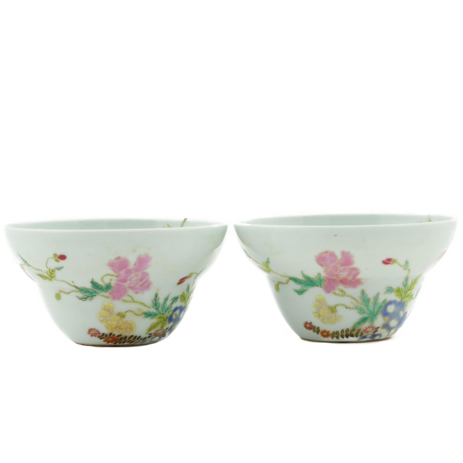 PAIR YONGZHENG FAMILLE ROSE FLORAL BOWLS: Dimensions: Height 2-1/4" each Dia: 4-1/4" each Chinese Qing Dynasty Yongzheng Emperor Reign period, Pair Famille rose floral porcelain bowl. Deep curvature, of a deep vessel, bulbous lower body steep