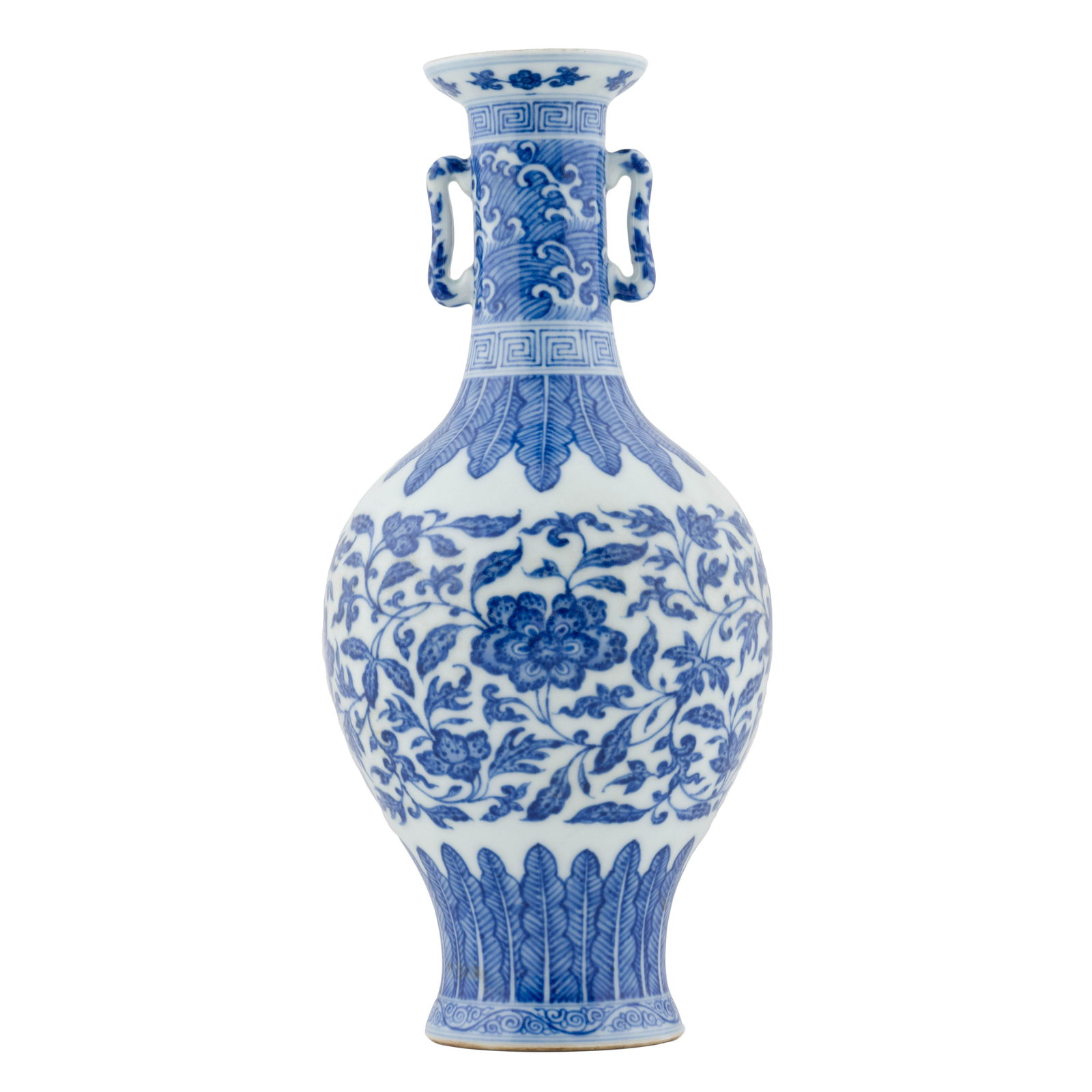 YONGZHENG BLUE & WHITE WRAPPED FLORAL AMPHORA BOWL: PROVENANCE: From the estate of Harold & Mousser, of York, Pennsylvania, an entrepeneurs, private collections, acquired pre-1970's from Fluhrer's Galleries, York, PA. Dimensions: Height: 7-1/2" Diamete