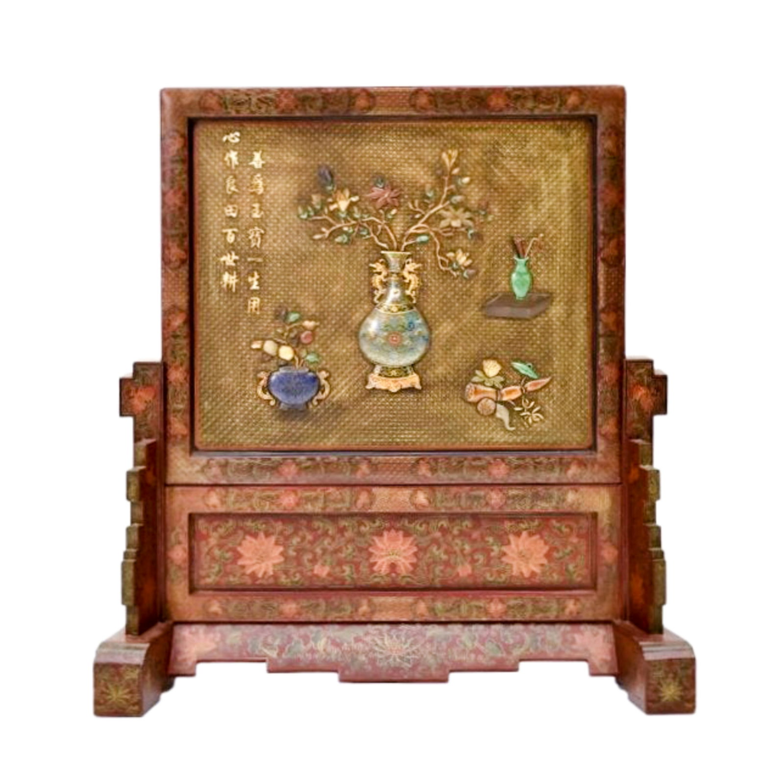 LARGE LAQUERED CLOISONNE INLAID TABLE SCREEN: Dimensions: 32"H x 29"W Large lacquered panel with semi-precious hard stone inlaid Chinese table screen, of rectangular shaped, adorned with semi-precious stones inlaid, including carnelian, agate, la