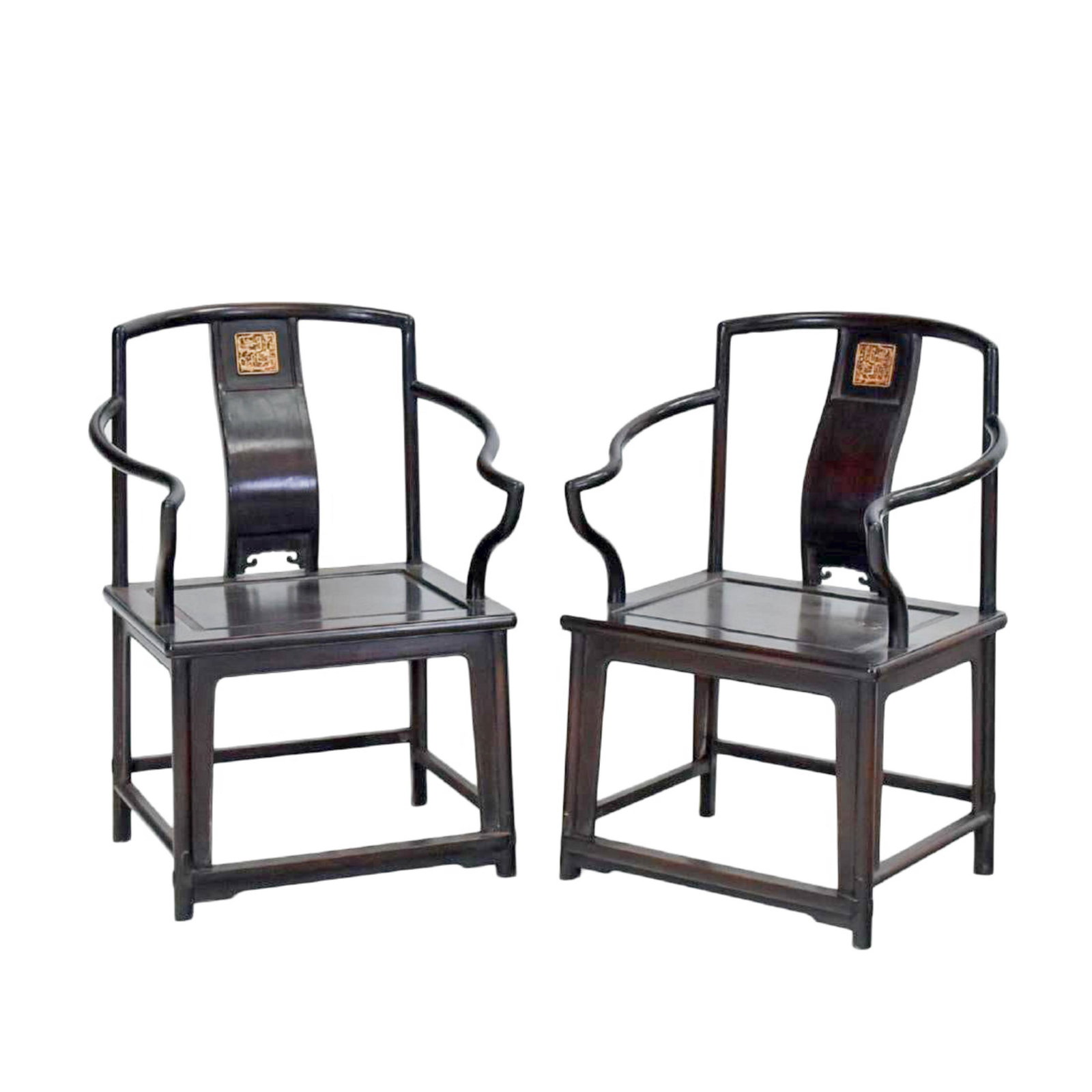 19TH C PAIR OF ZITAN SOUTHERN OFFICIAL'S HAT CHAIRS: Dimensions: Height: 34 1/2" Width: 23 3/4" Depth: 18" Each with an open-carved back frame formed by a straight top rail rounding the corners to the back posts, set with an inset beaded border apron an