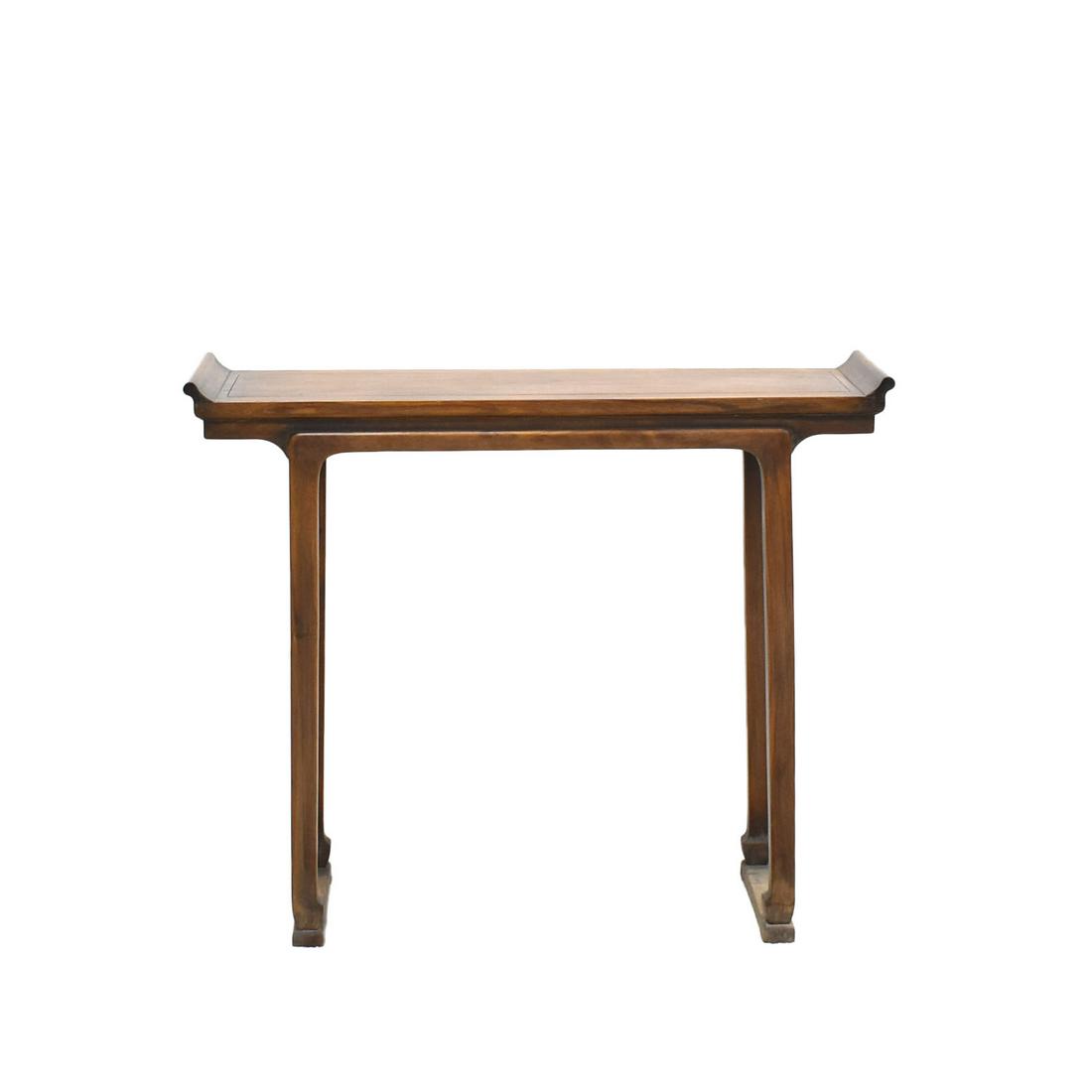 18/19TH C HUANGHUALI EVERTED RIM ALTAR TABLE: Dimensions: 18/19th C Chinese Antique HuangHuaLi altar table, constructed from a rectangular top with everted ends on both sides, surmounted from plain apron, terminating the ruyi shaped spandrels fla
