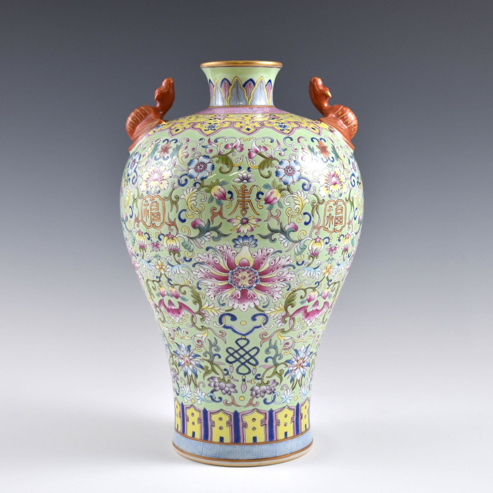 Qing Famille rose wrapped floral amphora meiping jar: Dimensions: 11-7/8" H x 7-1/2" W Chinese Qing Dynasty Period, Famille rose wrapped floral amphora meiping jar. Potted into a traditional Meiping form, large, thick and tall, globular body, slighty ova