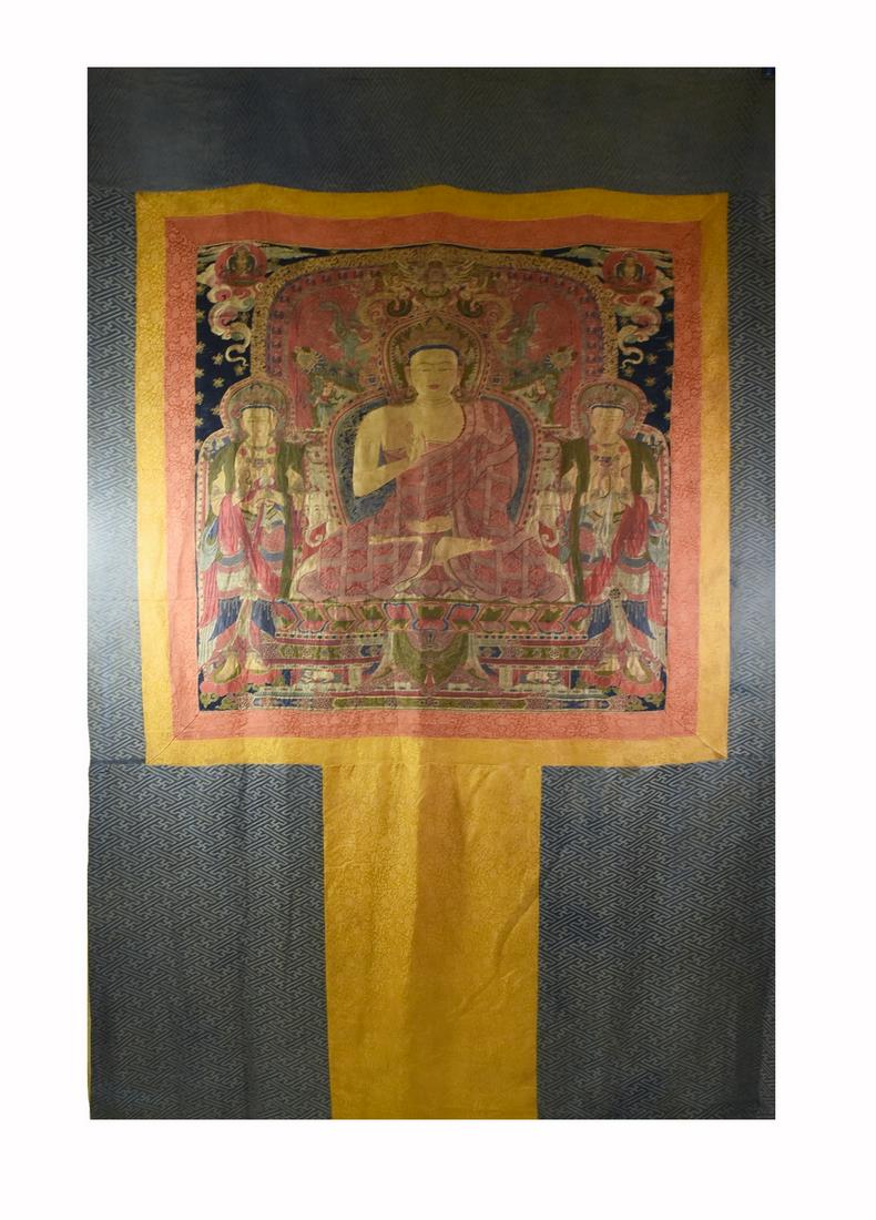 18TH C LARGE AMOGHASIDDHI BUDDHA EMBROIDERY SILK: Dimensions: 111-1/4" L x 68-1/2" W 18th Century Qing Dynasty Chinese large silk embroidery Buddhist Thangka. Vertical rectangular panel, masterly seemed with metallic silk thread portraying Amoghasidd