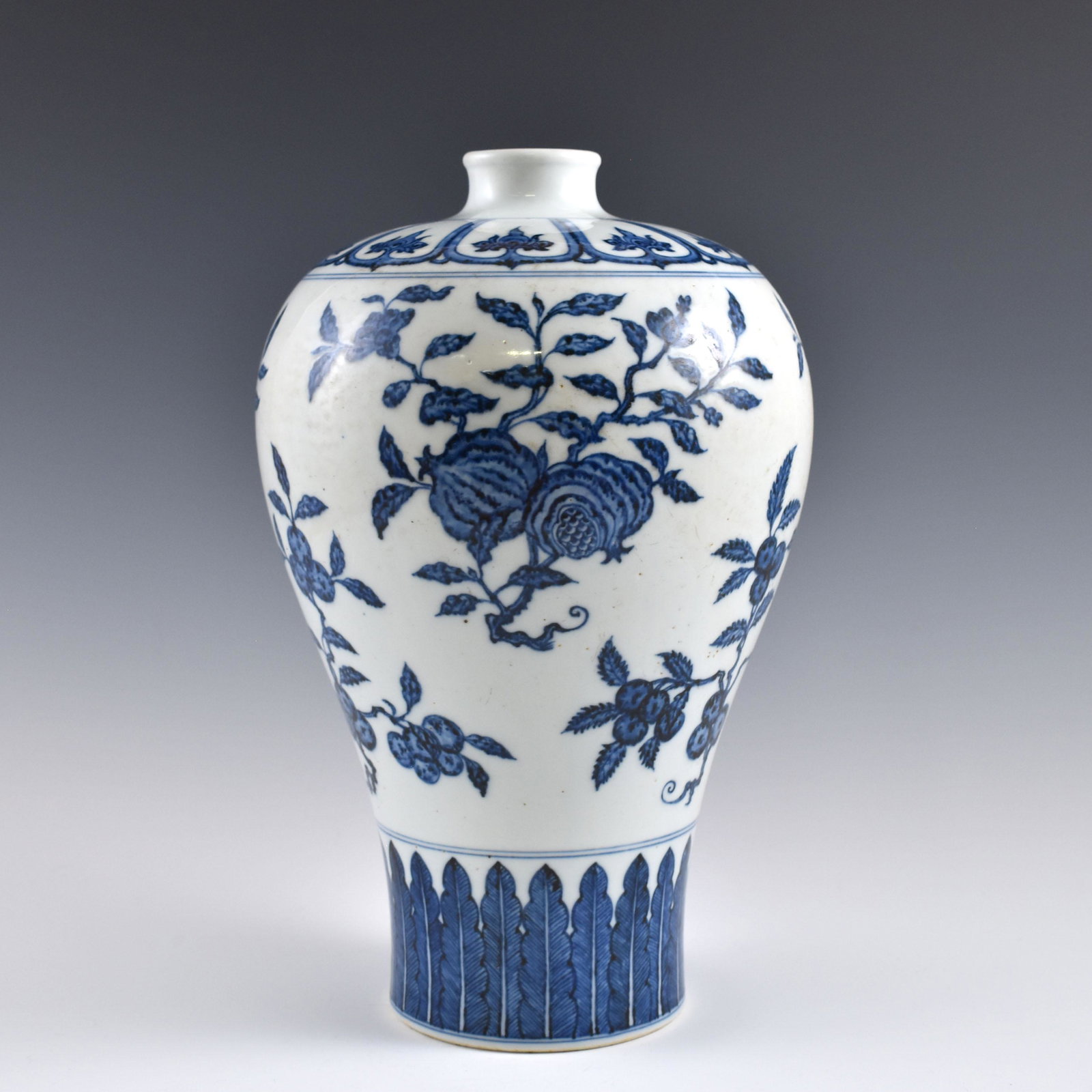 Ming Blue & white pomegranate meiping jar: Dimensions: 13-1/4" H x 8-3/4" Dia. Chinese Ming Dynasty period, Blue & white pomegranate meiping jar. The porcelain shaped into a traditional Meiping form, large, thick and tall potted, wide body on 