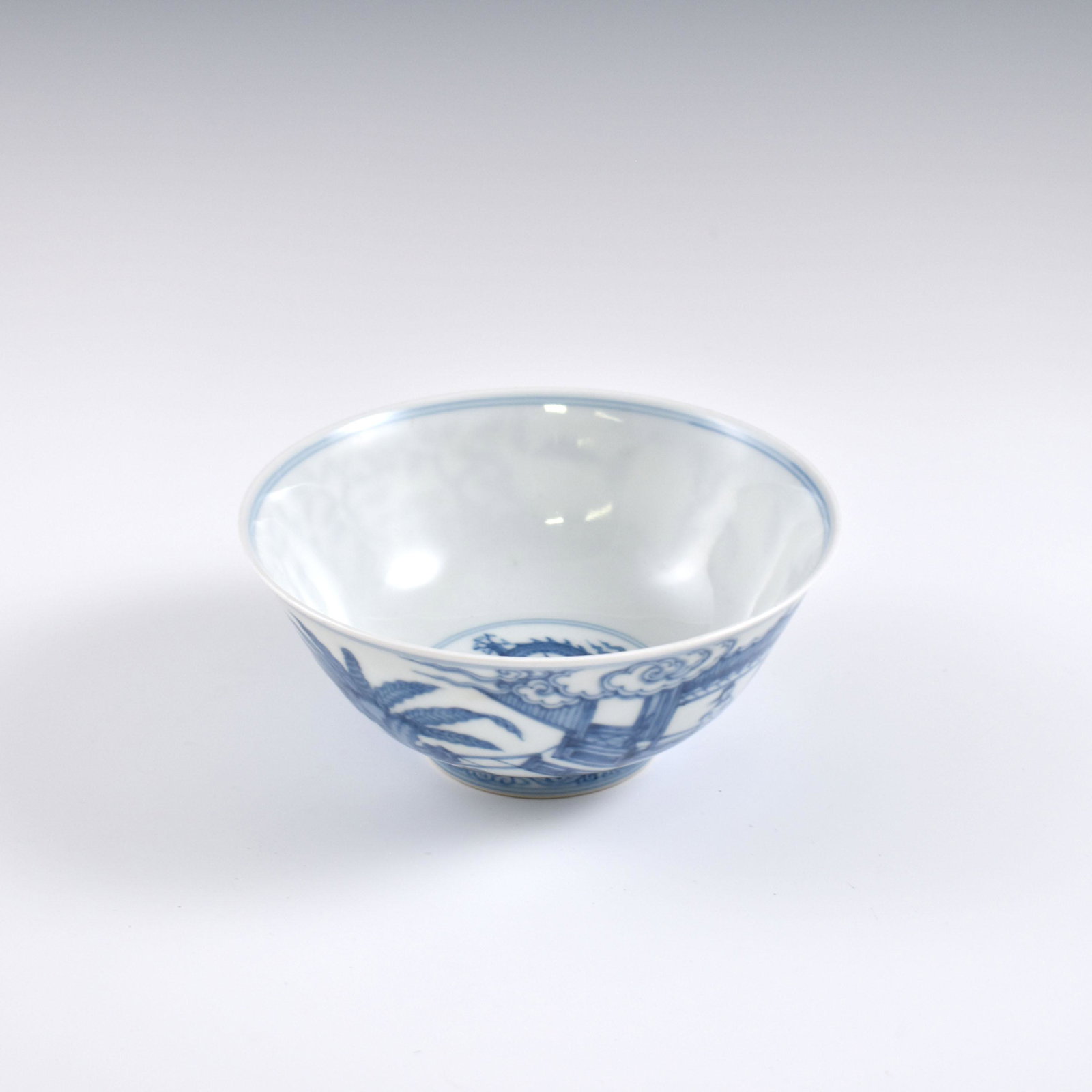 Ming Chenghua blue & white bowl: Dimensions: 2-7/8" H x 6-3/4" Dia. Chinese Ming Dynasty Period, Chenghua blue & white bowl. Potted with a shallow body, slight deep, thick and bulbous body, with angled cavetto elevated the steep side