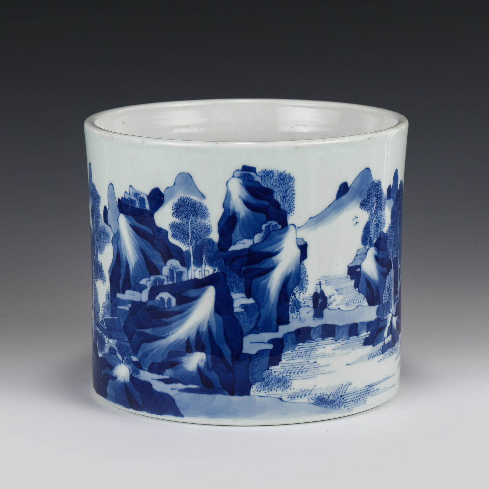KANGXI BLUE & WHITE PORCELAIN BRUSH POT: Dimensions (cm): Height: 18 Diameter: 21 Chinese Qing Dynasty Period Blue & white Porcelain Brush Pot. The Porcelain potted in brush pot shape, thick, sturdily in cylindrical straight body, slight shr