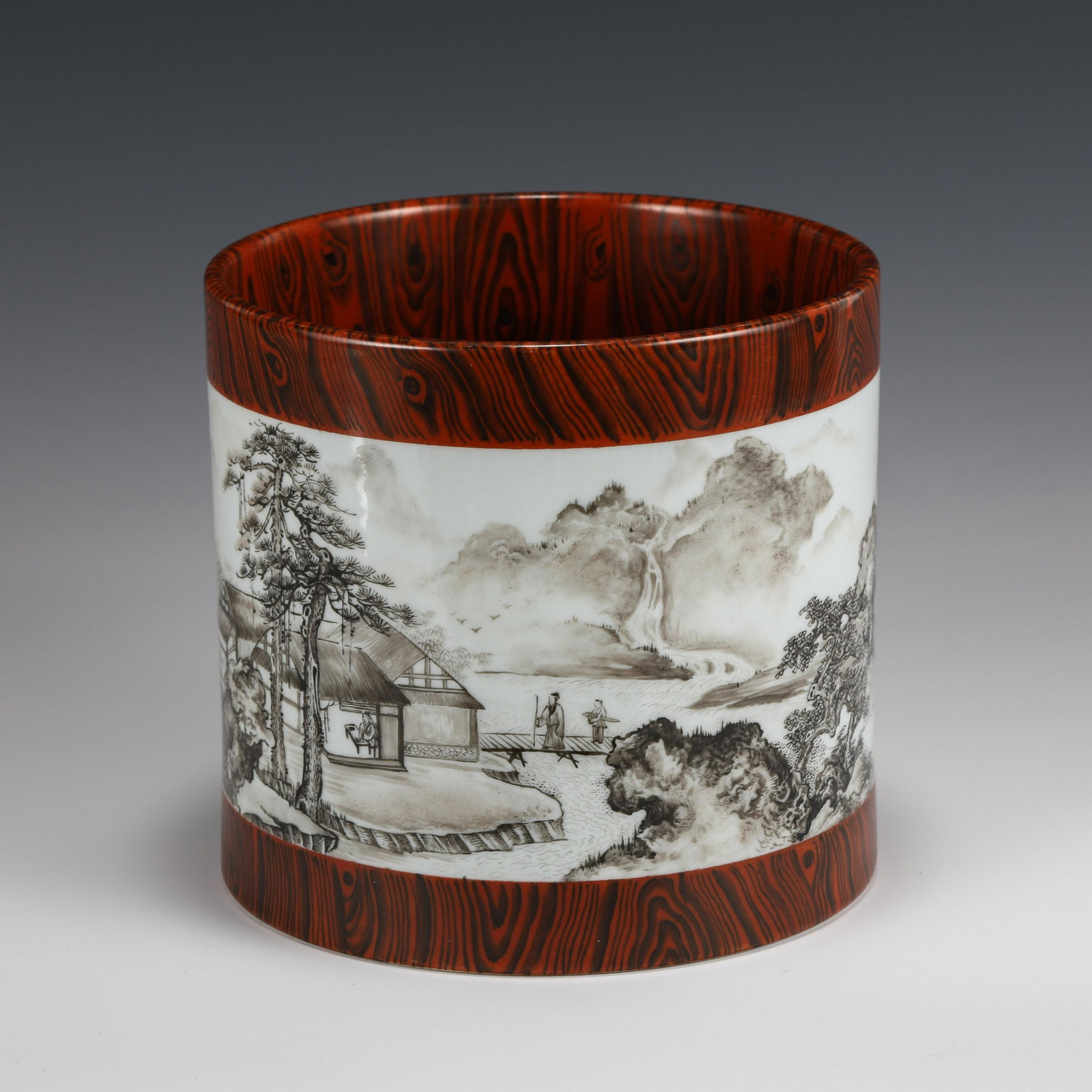 FAUX WOOD MOTIF MOCAI LANDSCAPE PORCELAIN BRUSH POT: Dimensions (cm): Diameter: 16.5 Height: 16 Chinese Qing Dynasty Period Faux Wood Motif Mocai Black Ink Landscape porcelain Brush Pot. The Porcelain potted in brush pot shape, thick, sturdily in cylind
