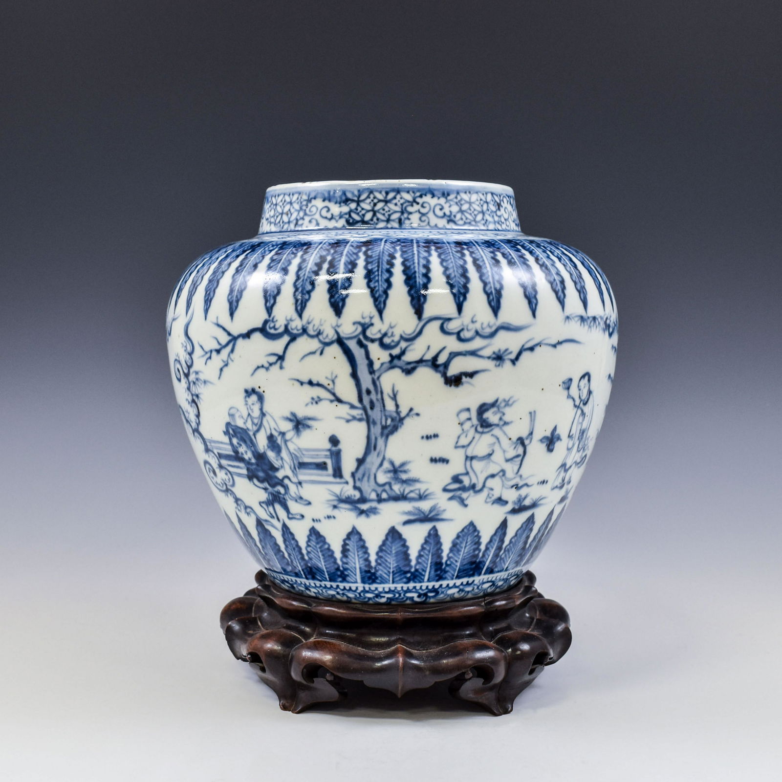 MING BLUE & WHITE FIGURATIVE JAR: PROVENANCE: Private (Estate) collections of Jack J. Woo, by inheritance. Dimensions: 10.25"L x 9.875"H Chinese Ming Dynasty Period, blue & white figurative motif porcelain jar. The porcelain potted i