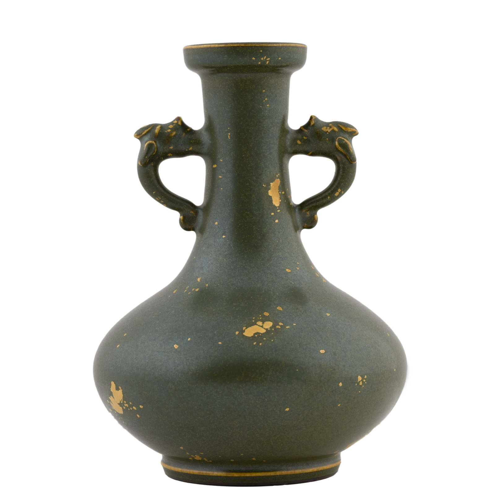 GILT & TEA DUST GLAZED AMPHORA VASE: Dimensions: Height: 6-1/4" Diameter: 4-1/2" Chinese Qing Dynasty green amphora vase with a rounded ovoid body leading upward to a thin waisted neck. Fish inspired loop handles emerging on neck beneath