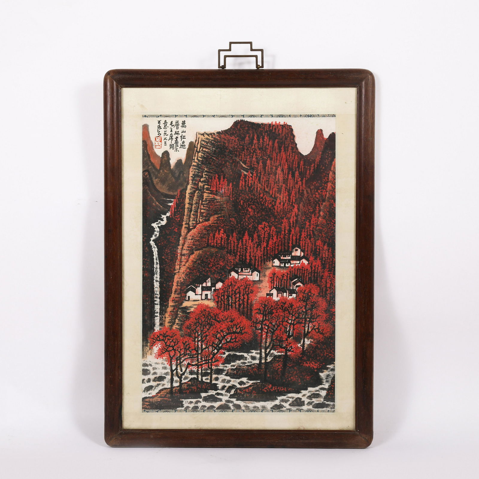 LI KERAN RED MOUNTAIN FRAMED PAINTING: Dimensions (cm): Height: 72 Width: 50 Depth: 3 Stunning Chinese 20th Century Republic Period, Framed Likeran Paintings. With calligraphy lettering inscriptions poems, followed with artist's signature