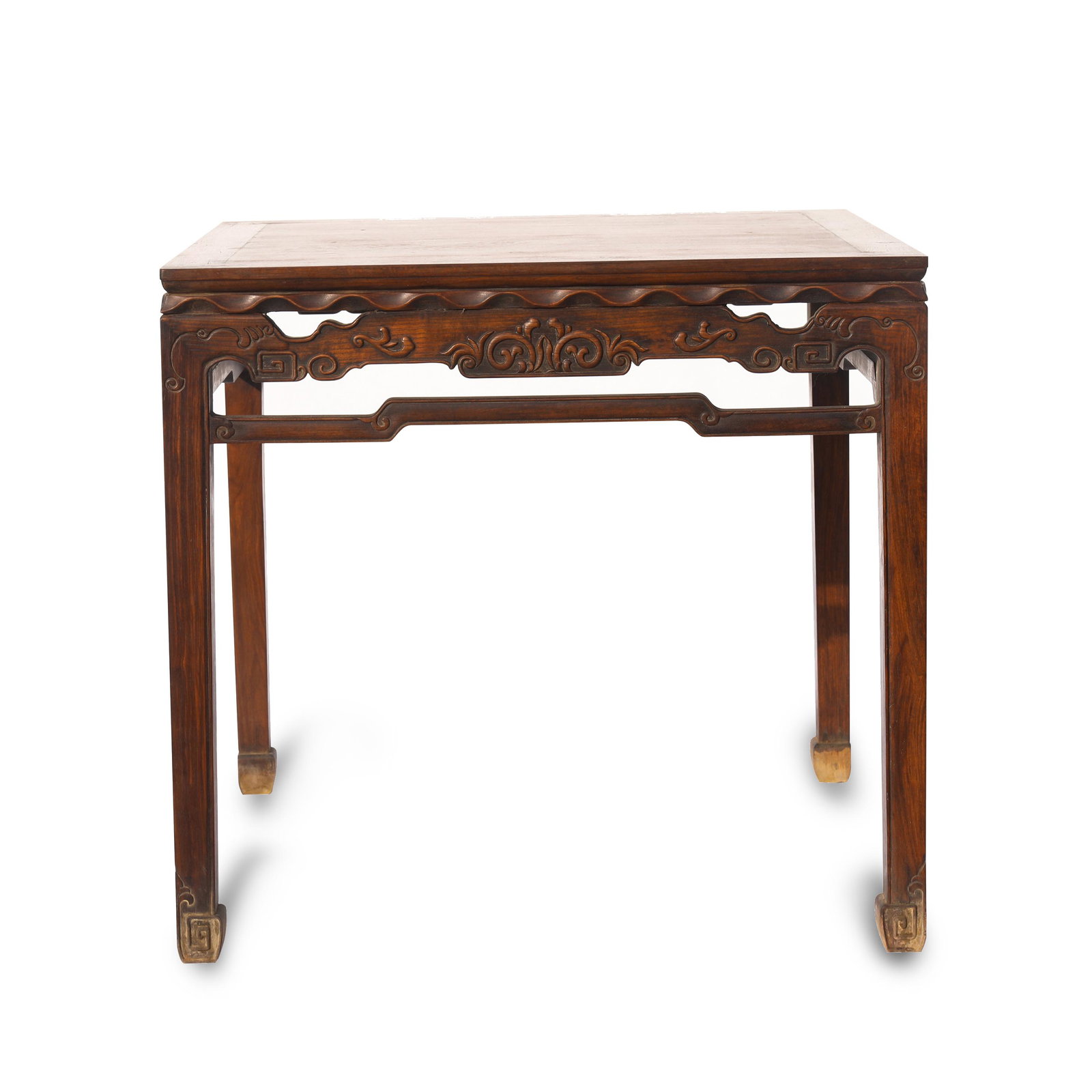 HUANGHUALI CARVED PINE MOTIF SQUARE TABLE: Dimensions (cm): Length: 88 Width: 88 Height: 82.5 Chinese Ming Dynasty Period Huanghuali Carved Pine Motif Square Table. The table top is made of a square piece thick and tall Huanghuali wood. Four b