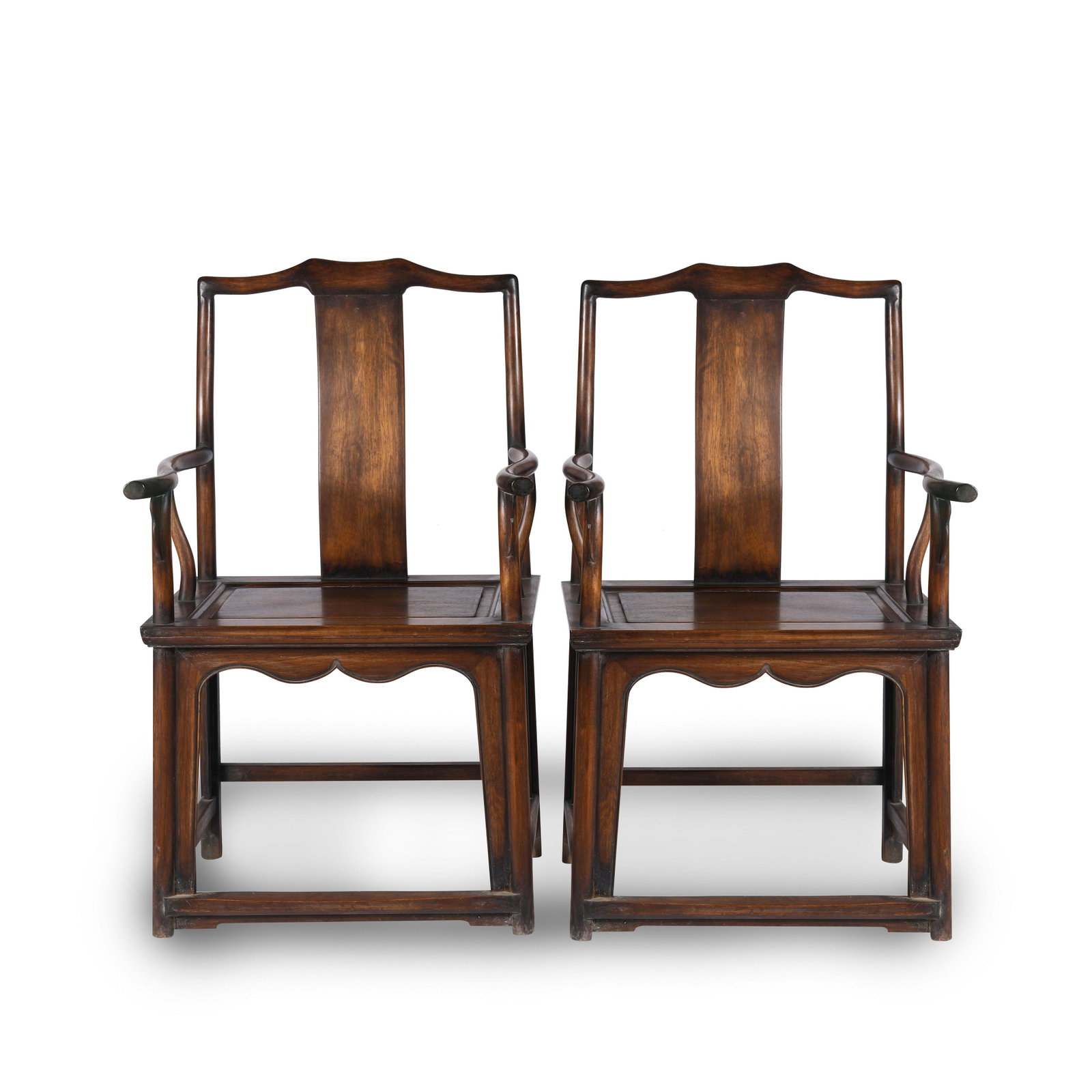 PAIR CHINESE HUANGHUALI SOUTHERN OFFICER HAT ARM CHAIRS: Dimensions (cm): Length: 58 Width: 44 Height: 99 Pair of Chinese Ming Dynasty Period Huanghuali Chairs. Each chair has straight handrails that are slightly rounded on the lips. Hard mat seat square an