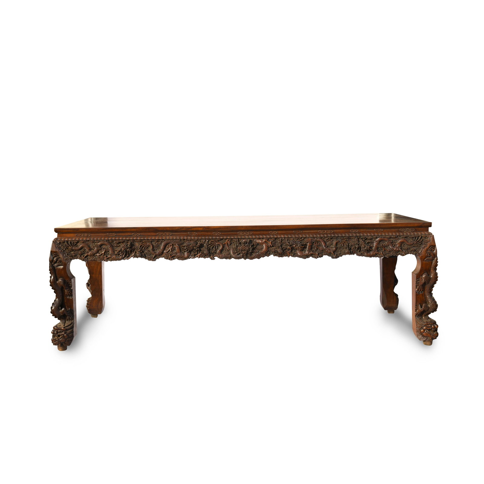 DEMOUNTABLE HUANGHUALI ELABORATE CARVED LARGE TABLE: Dimensions (cm): Length: 260 Width: 120 Height: 86 Chinese Ming Dynasty Period Demountable Huanghuali elaborate Carved Large Table. The table top is made of a single piece large and small Huanghuali w