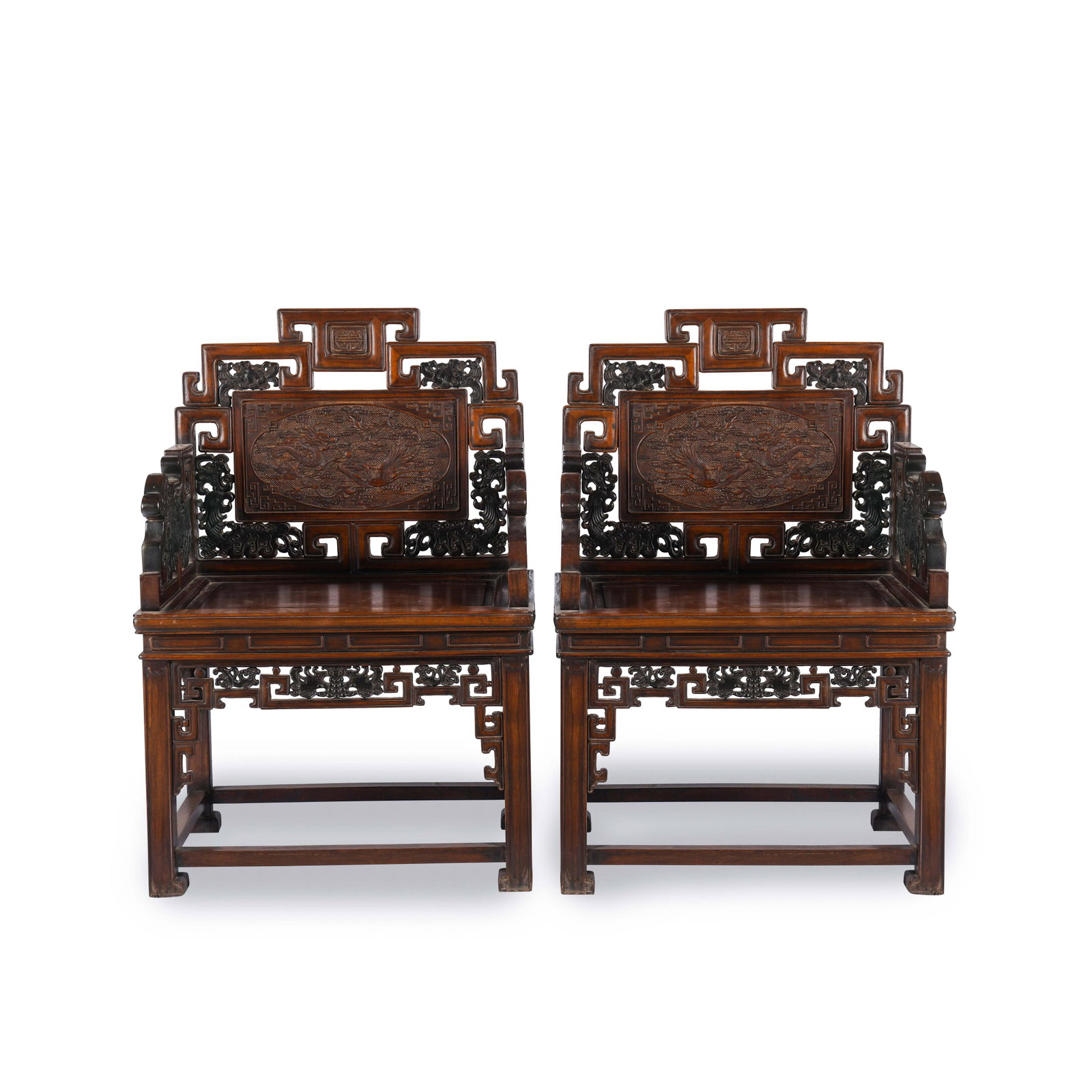 PAIR CHINESE HUANGHUALI CARVED MASTER ARM CHAIRS: Dimensions (cm): Length: 67 Width: 50 Height: 102 Pair of Chinese Ming Dynasty Period Huanghuali Chairs. The chairs is made of a single piece of first-class hardwood, square and slight tall. Ornately 