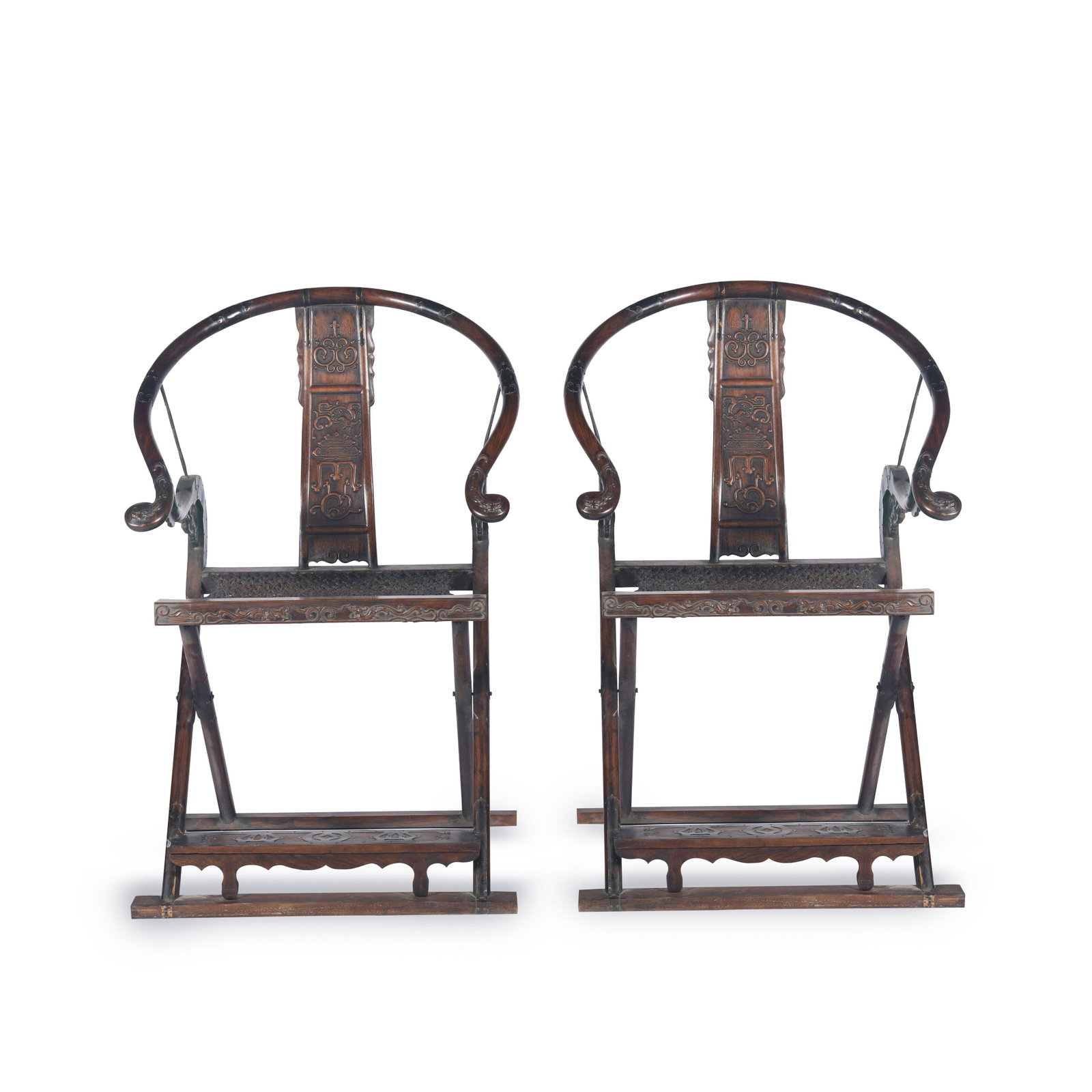 PAIR CHINESE HUANGHUALI FOLDING HORSESHOE ARM CHAIRS: Dimensions (cm): Length: 62 Width: 43 Height: 116 Pair of Chinese Ming Dynasty Period Huanghuali Chairs. Each chair had arm handrails that were slightly rounded out on the lips. The stand is made of f