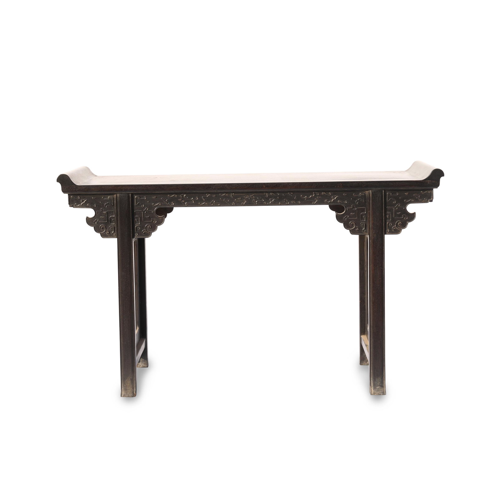 ZITAN EVERTED RIM ALTAR TABLE: Dimensions (cm): Length: 4142 Width: 40.5 Height: 88 Chinese Ming Dynasty Period Zitan Carved everted rim Altar Table. The table top is made of a rectangle piece, thick and tall Zitan wood. Four brace