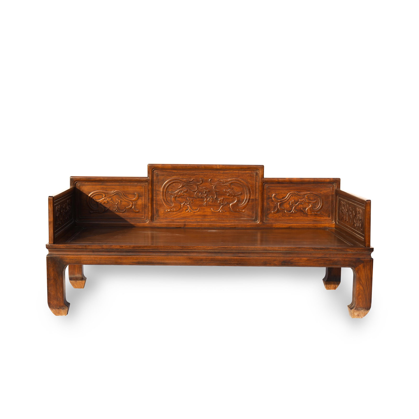 CHINESE HUANGHUALI CARVED ARHAT DAY BED: Dimensions (cm): Length: 201 Width: 103 Height: 92.5 Chinese Qing Dynasty Period Arhat Day bed. Its made of a single piece of first-class hardwood, huge rectangular and tall. Ornately open-works carve