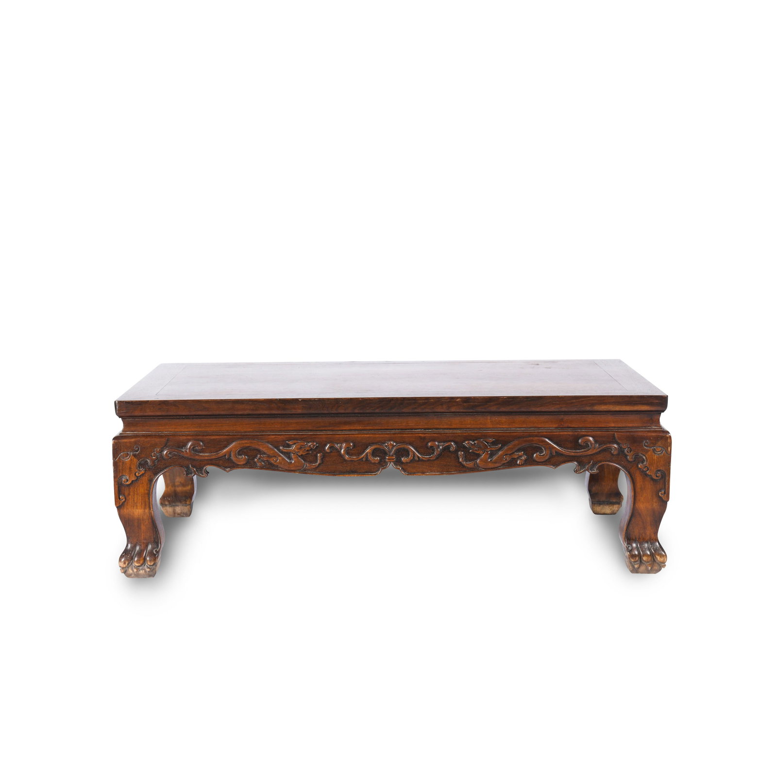 CHINESE HUANGHUALI CARVED LOW TABLE: Dimensions (cm): Length: 96 Width: 61 Height: 33 Chinese Ming Dynasty Period Huanghuali Low Table. The table top is made of a large piece thick and short Huanghuali wood. Four braces back the top bene