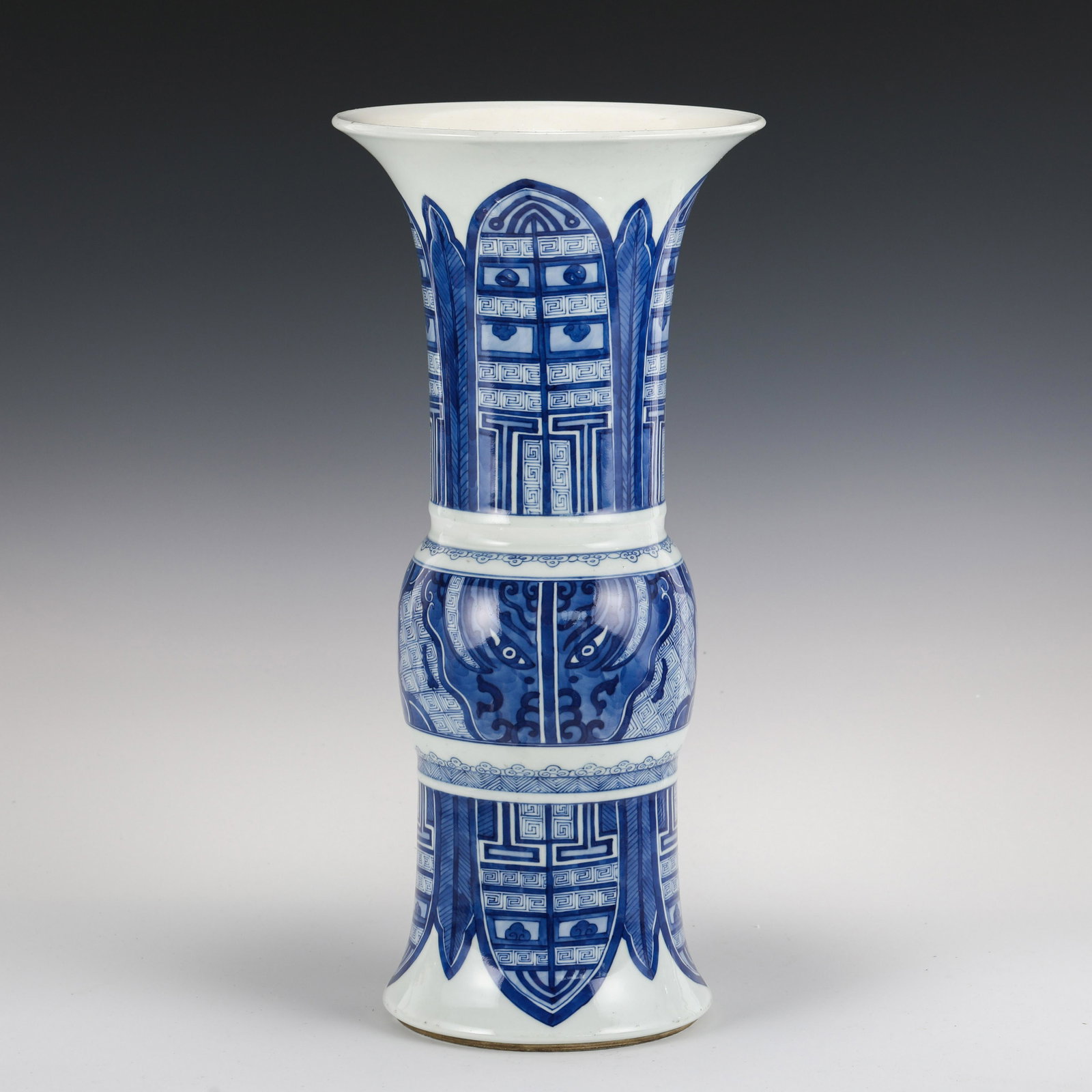 BLUE & WHITE FLOWER PORCELAIN GU VASE: Dimensions (cm): Height: 48 Diameter: 23 Chinese Qing Dynasty Period Blue & white Flower porcelain Gu Vase. The porcelain potted in a traditional Gu beaker shape vase, having baluster shaped body, lar