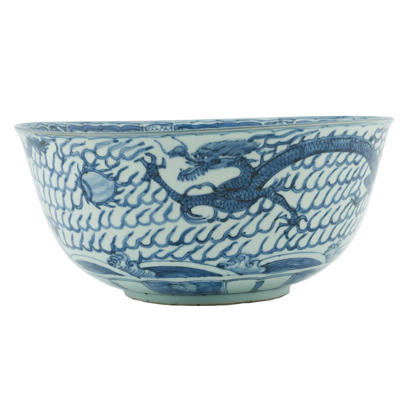 MING BLUE & WHITE DRAGON BOWL: Dimensions: Height: 6-1/8" Diameter: 14-1/8" Chinese Ming Dynasty blue and white dragon porcelain bowl. Delicately potted with slightly rounded sides rising from footed base toward flat opening , deep