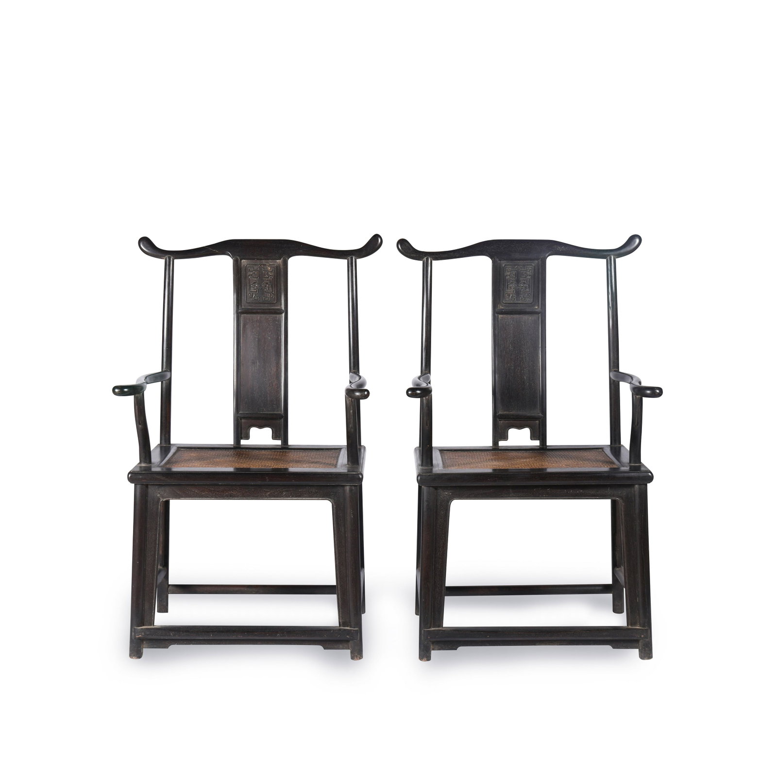 PAIR CHINESE ZITAN OFFICER HAT ARM CHAIRS: Dimensions (cm): Length: 60 Width: 48 Height: 109 Pair of Chinese Ming Dynasty Period Zitan Chairs. Each chair has straight handrails that are slightly rounded on the lips. Hard mat seat square and th