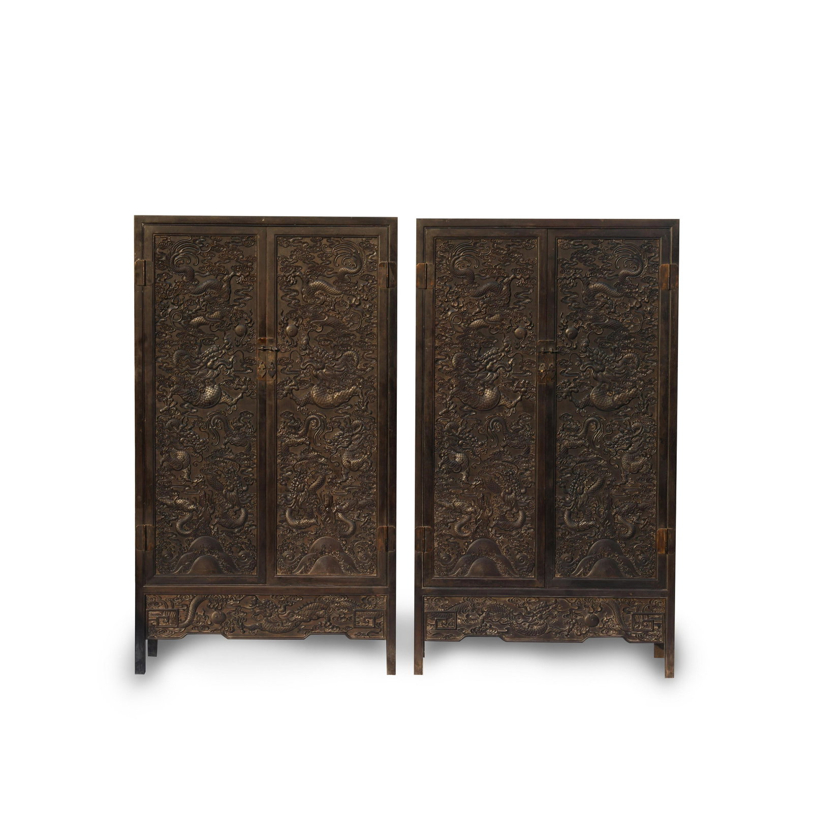 PAIR OF ZITAN CARVED DOUBLE DOORS CABINETS: Dimensions (cm): Length: 114 Width: 44 Height: 200 Pair of Chinese Ming Dynasty Period Zitan Double Doors Cabinets. The Cabinet is made of a single piece of first-class hardwood, huge rectangular with