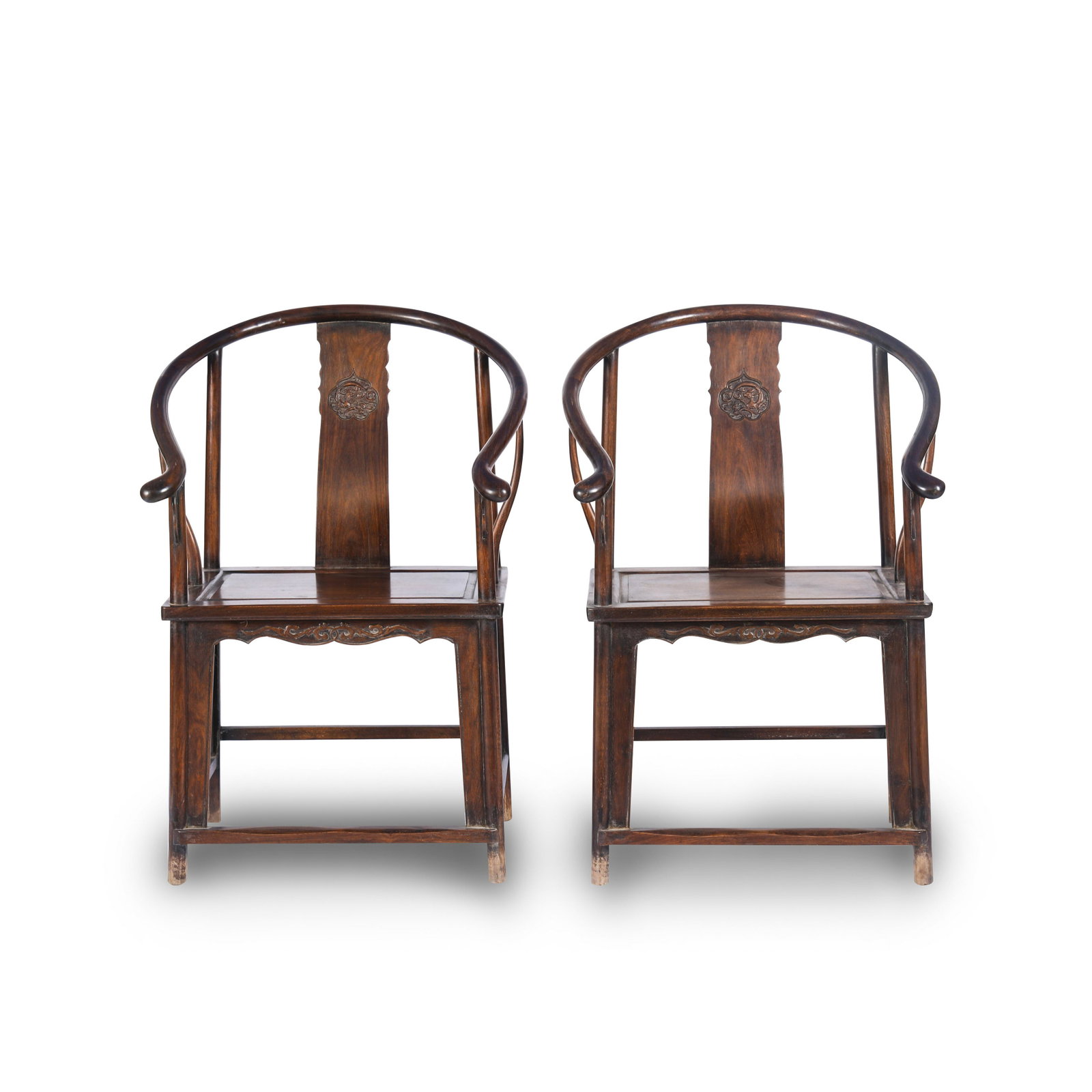 PAIR CHINESE HUANGHUALI OFFICER HAT ARM CHAIRS: Dimensions (cm): Length: 60 Width: 46 Height: 100 Pair of Chinese Ming Dynasty Period Huanghuali Chairs. Each chair had handrails that were slightly rounded out on the lips. Hard mat seat square and t