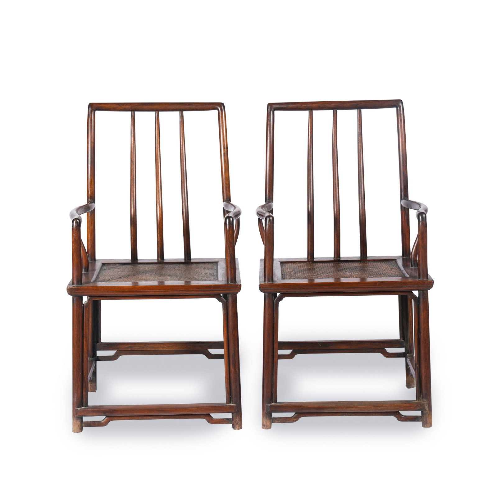 PAIR CHINESE HUANGHUALI SOUTHERN OFFICER HAT ARM CHAIRS: Dimensions (cm): Length: 57 Width: 48 Height: 104 Pair of Chinese Ming Dynasty Period Huanghuali Chairs. Each chair has straight handrails that are slightly rounded on the lips. Hard mat seat square a
