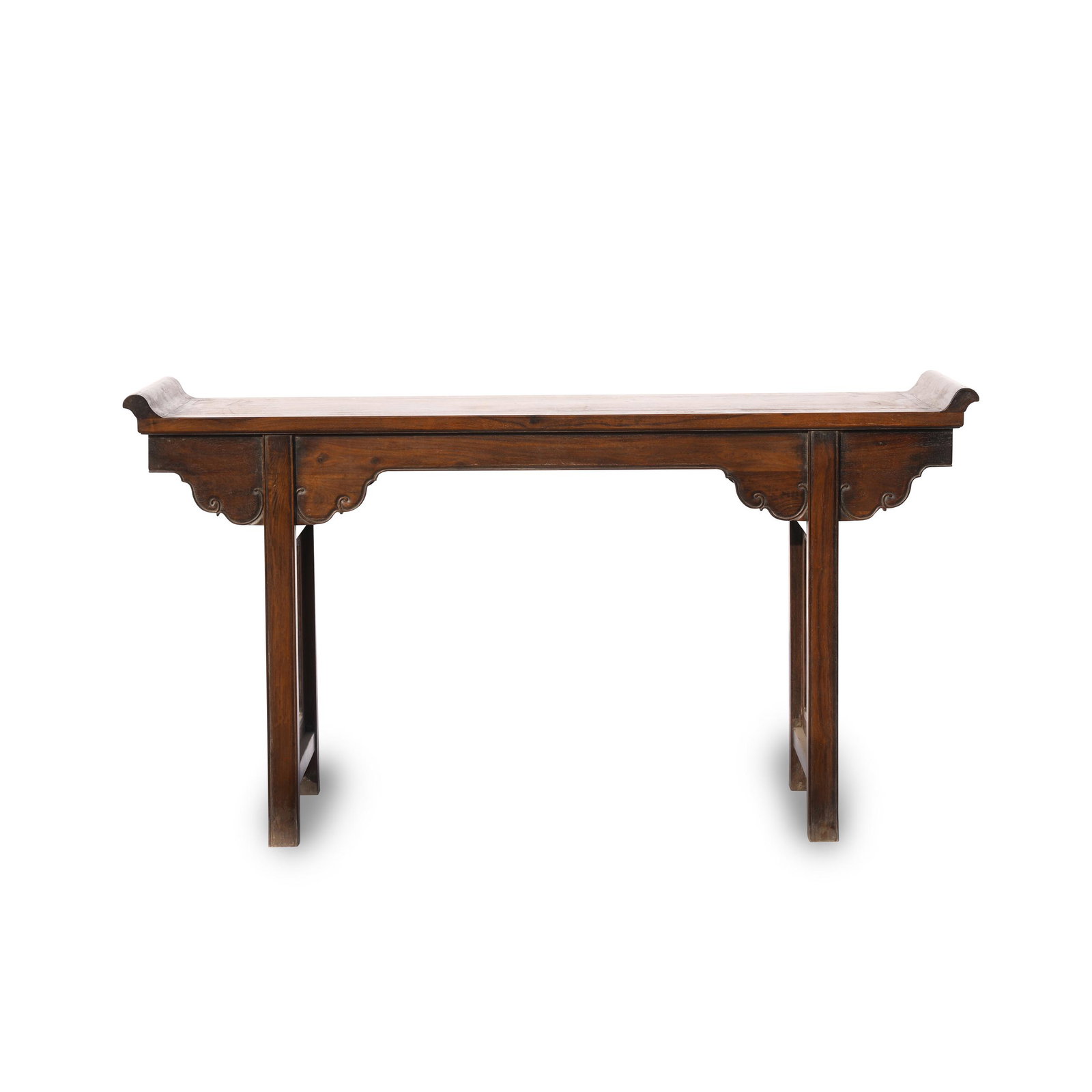 HUANGHUALI EVERTED RIM ALTAR TABLE: Dimensions (cm): Length: 16.7 Width: 45 Height: 90 Chinese Ming Dynasty Period Huanghuali everted rim altar Table. The table top is made of a large rectangle piece, thick and tall Huanghuali wood. Fou