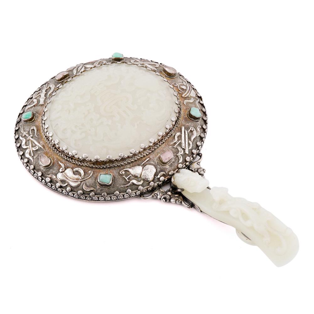 CHINESE WHITE JADE AND SILVER HAND MIRROR (1 of 4)