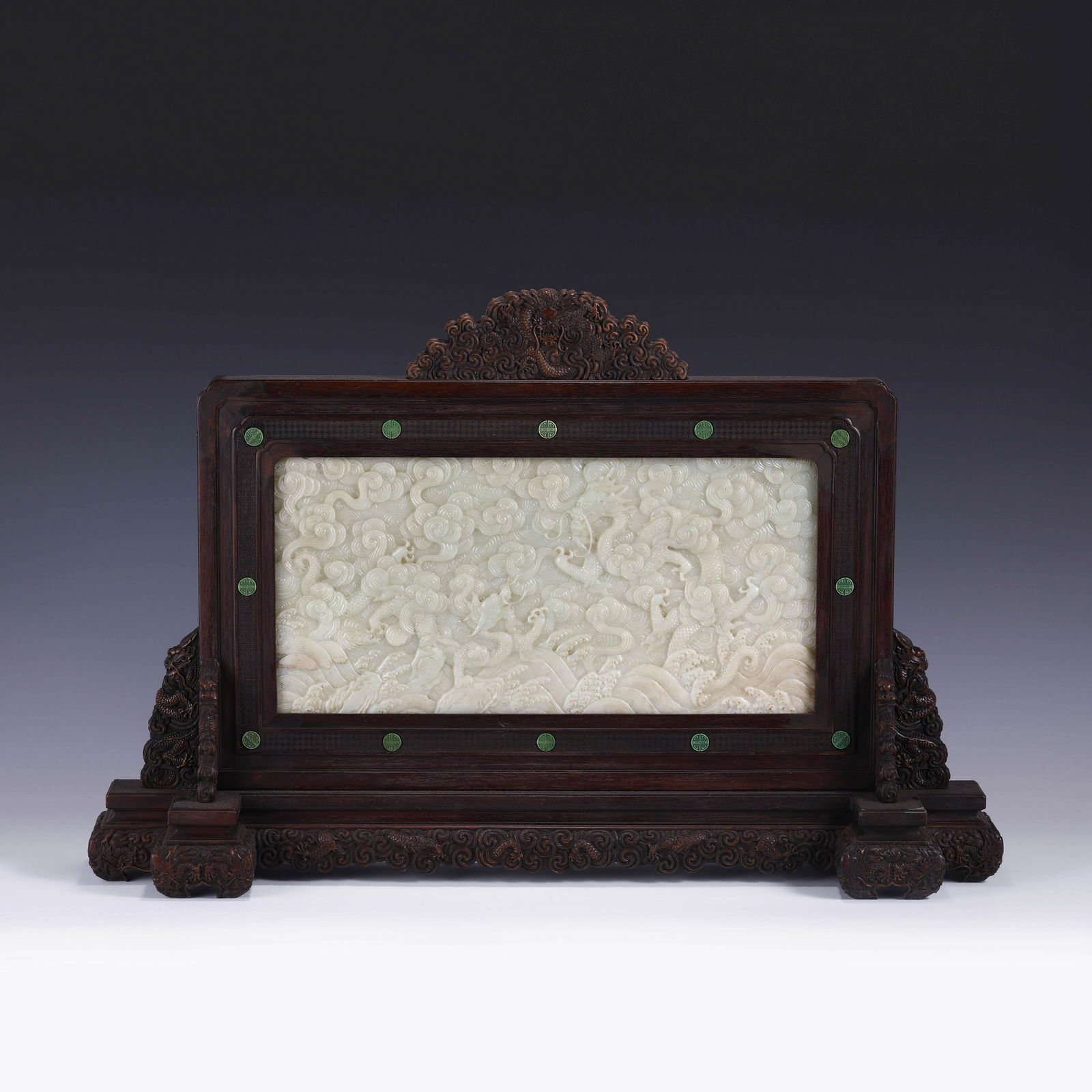 QING WHITE JADE CARVED DRAGON TABLE SCREEN (1 of 10)