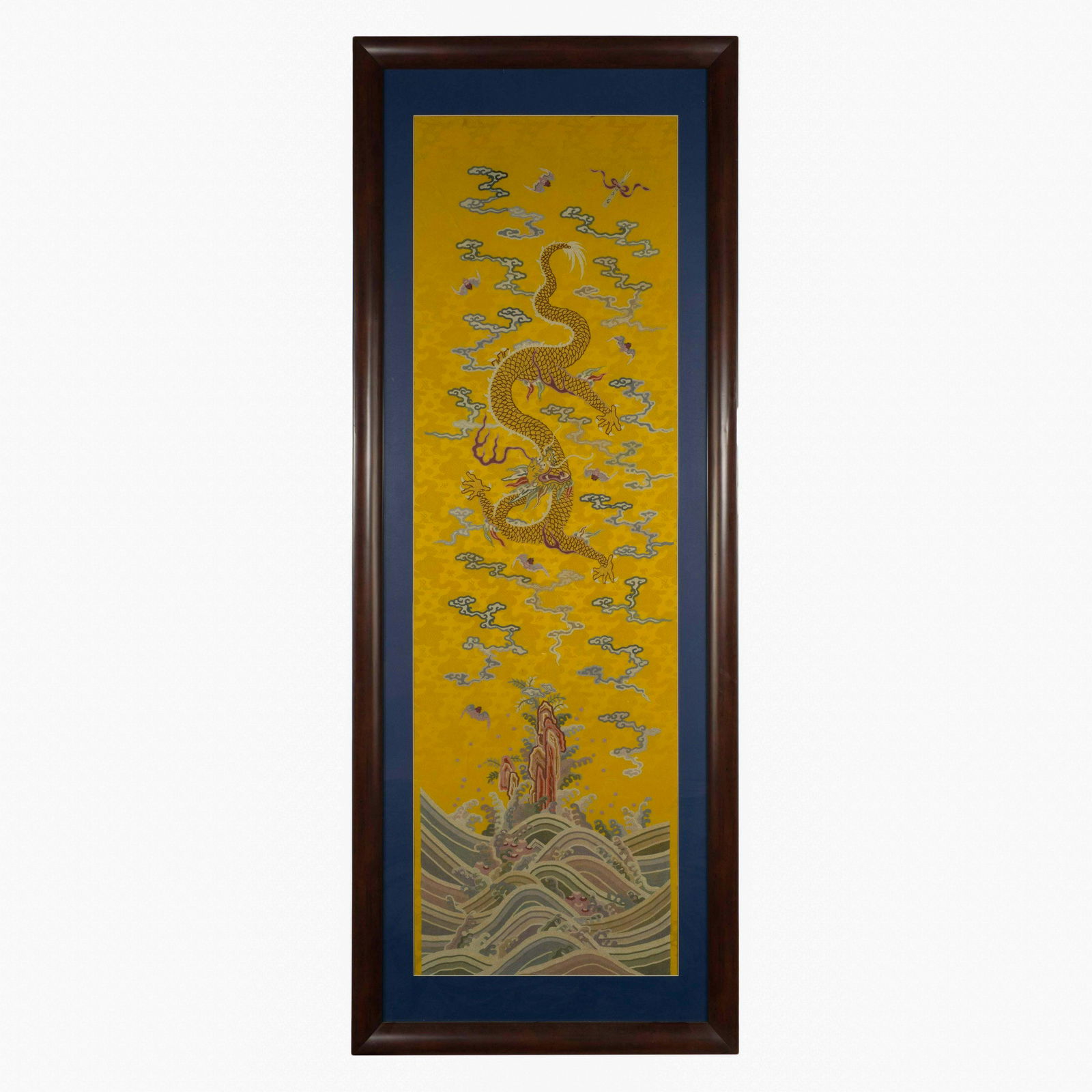 19TH C FRAMED QING BLUE DRAGON SILK KESI (1 of 4)