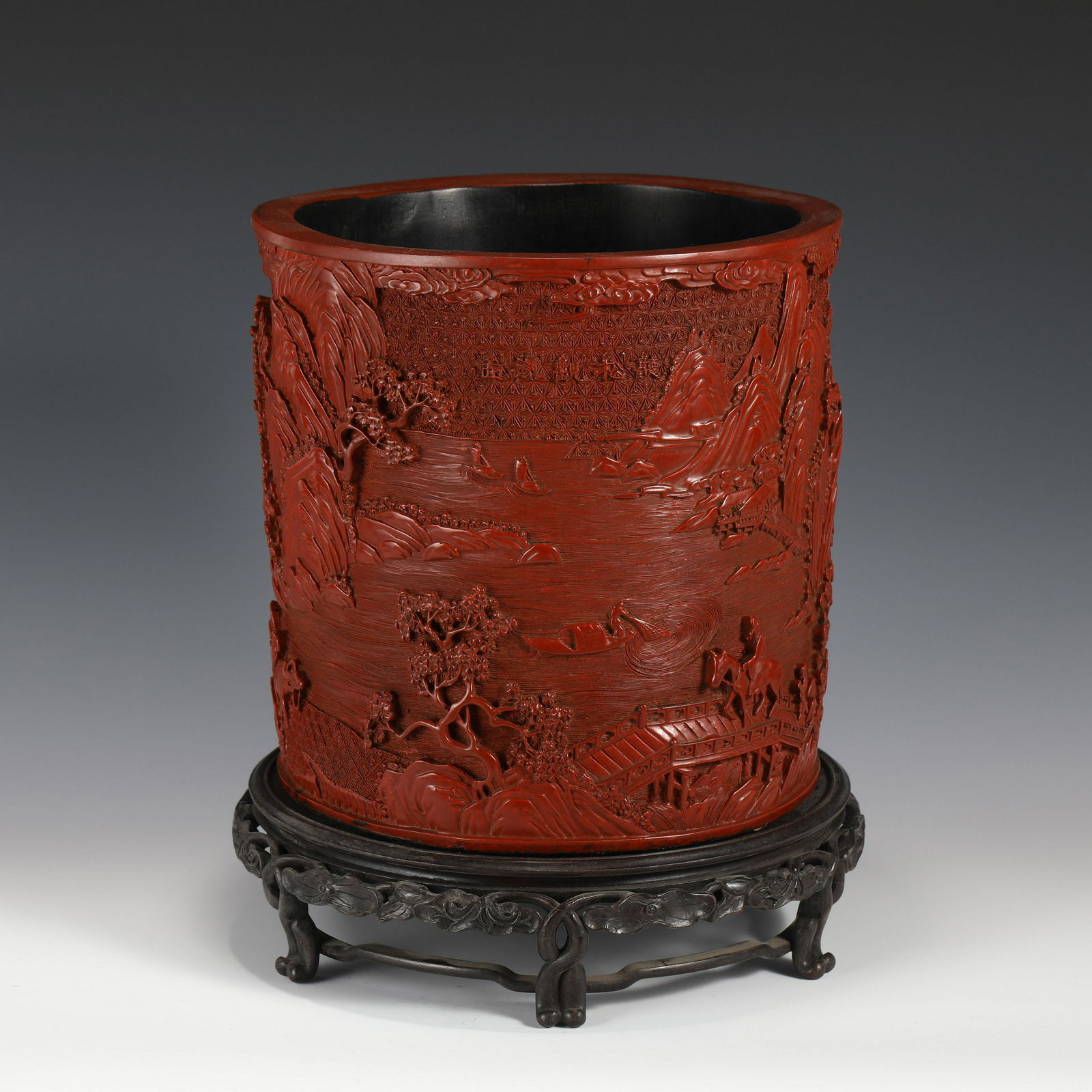 LARGE QIANLONG CINNABAR CARVED BRUSH POT ON STAND (1 of 10)