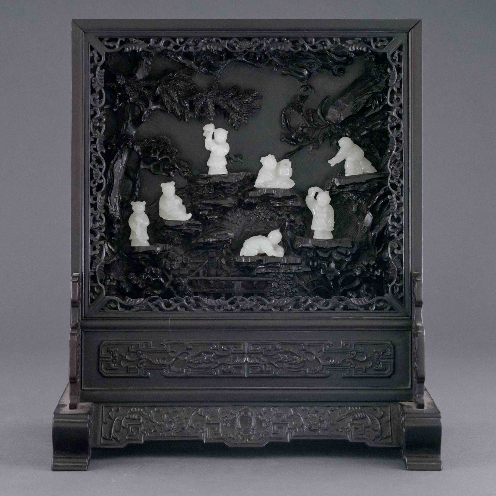 CHINESE ZITAN TABLE SCREEN WITH WHITE JADE FIGURINES (1 of 7)