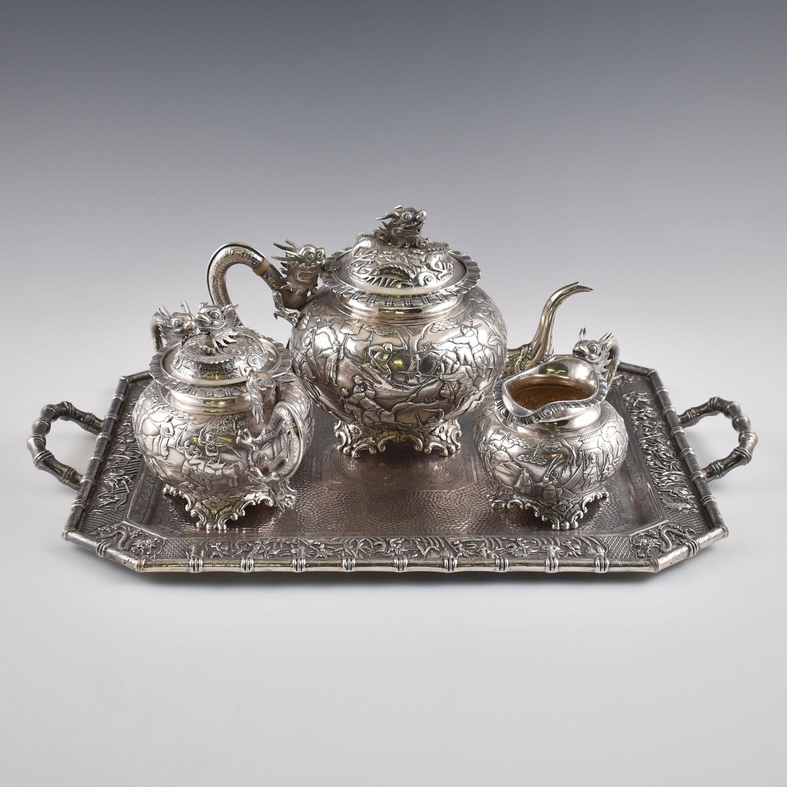 19TH C WANG HING CHINESE EXPORT SILVER TEA SETS & TRAY (1 of 18)