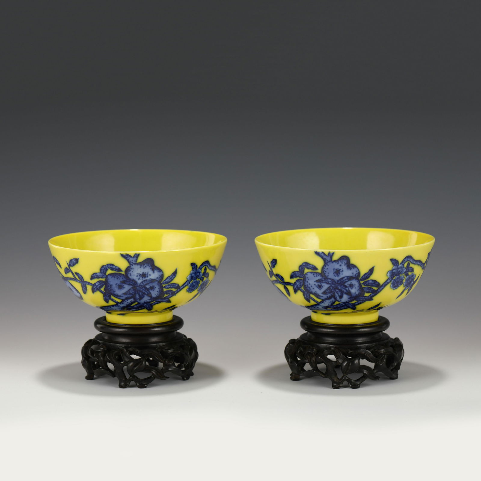 PAIR YONGZHENG YELLOW GLAZED BOWLS ON STANDS (1 of 10)