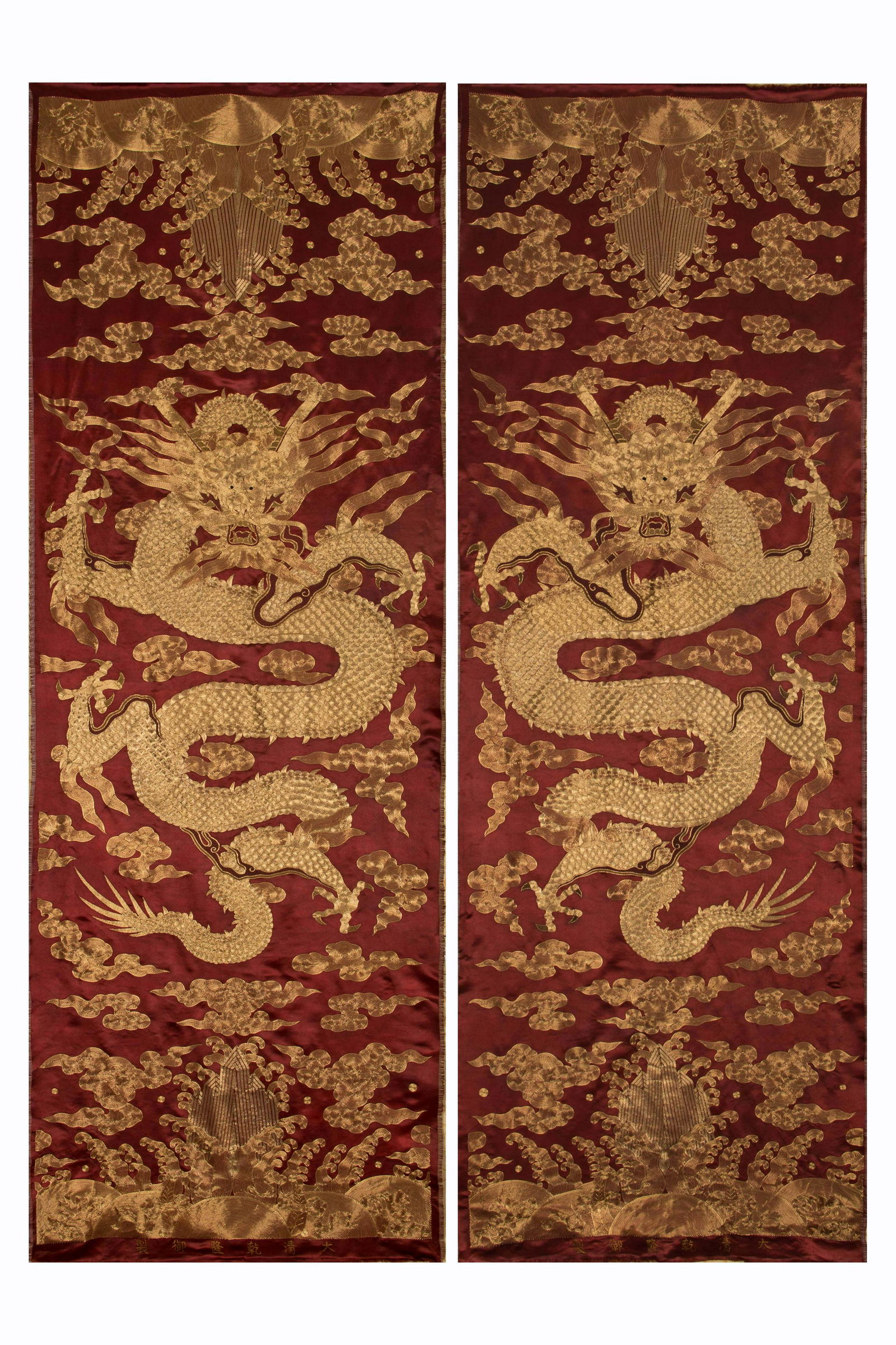 PAIR CHINESE EMBROIDERY GOLDEN DRAGON SILK PANELS (1 of 8)