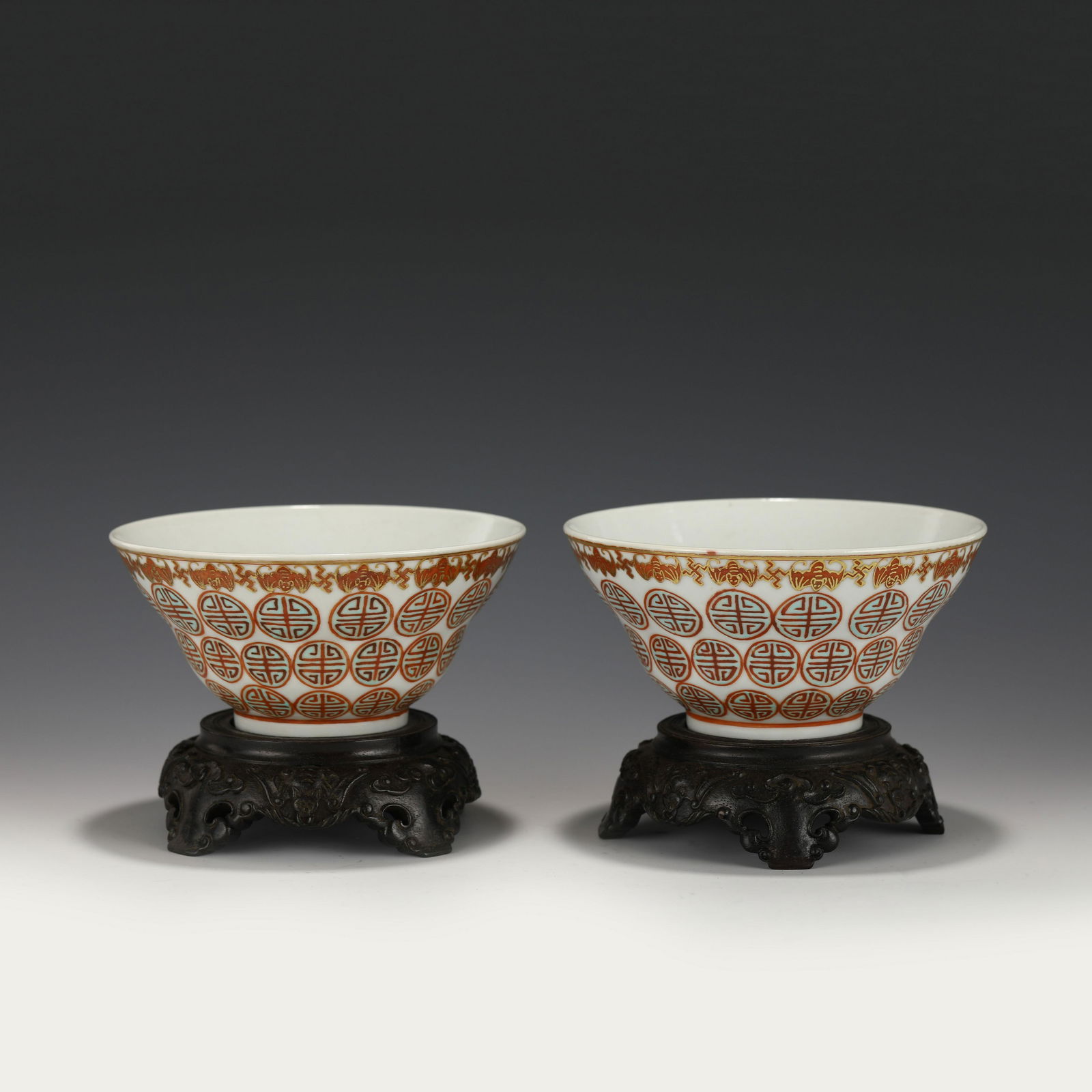 PAIR DAOGUANG LONGEVITY WAISTED BOWL ON STAND (1 of 10)