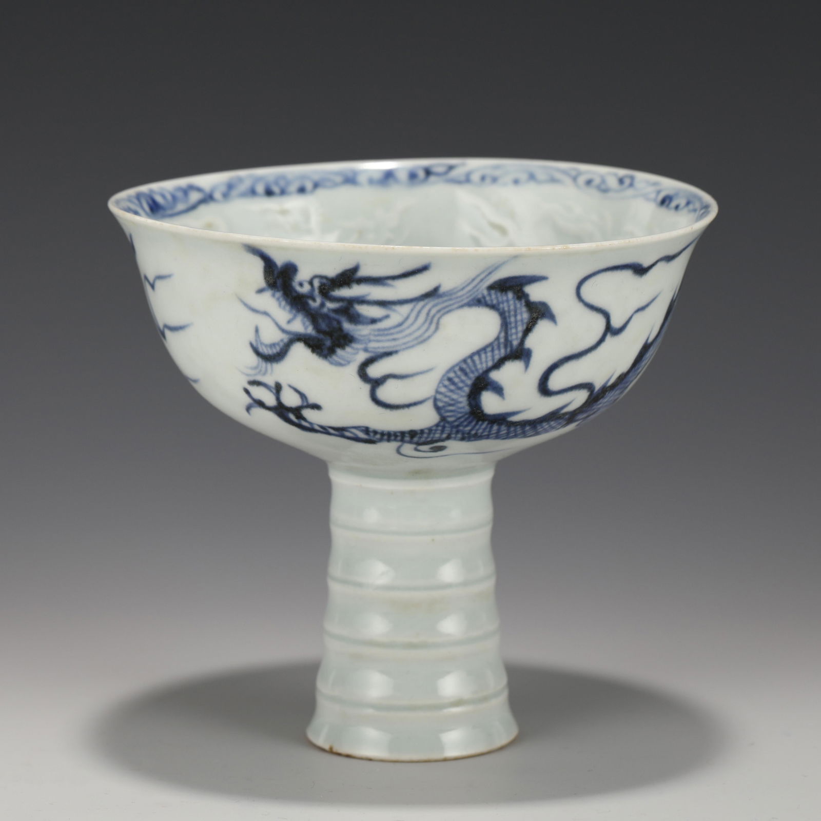 YUAN BLUE & WHITE DRAGON HIGH STEM BOWL (1 of 10)