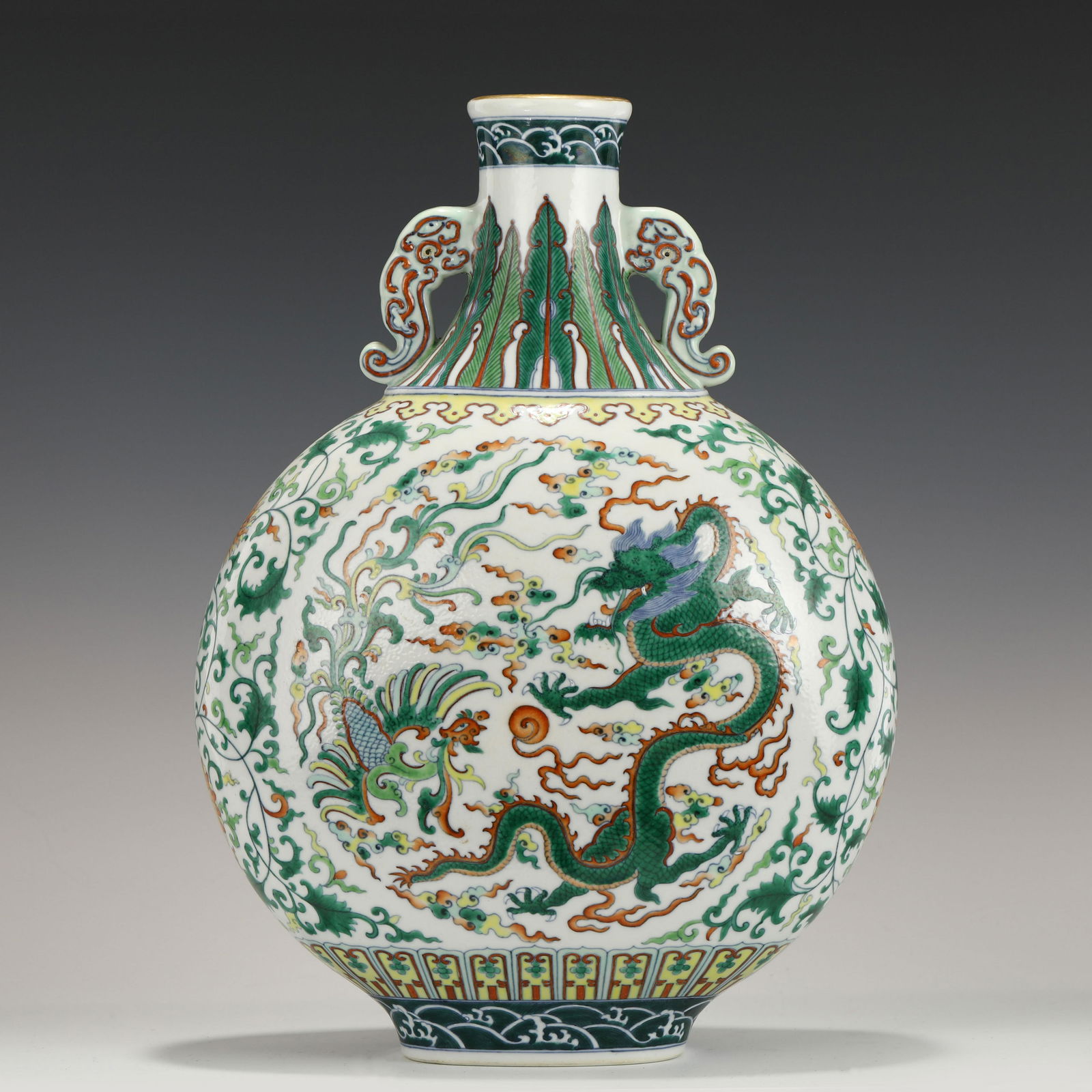 QIANLONG DOUCAI DRAGON PHOENIX MOON FLASK VASE (1 of 10)