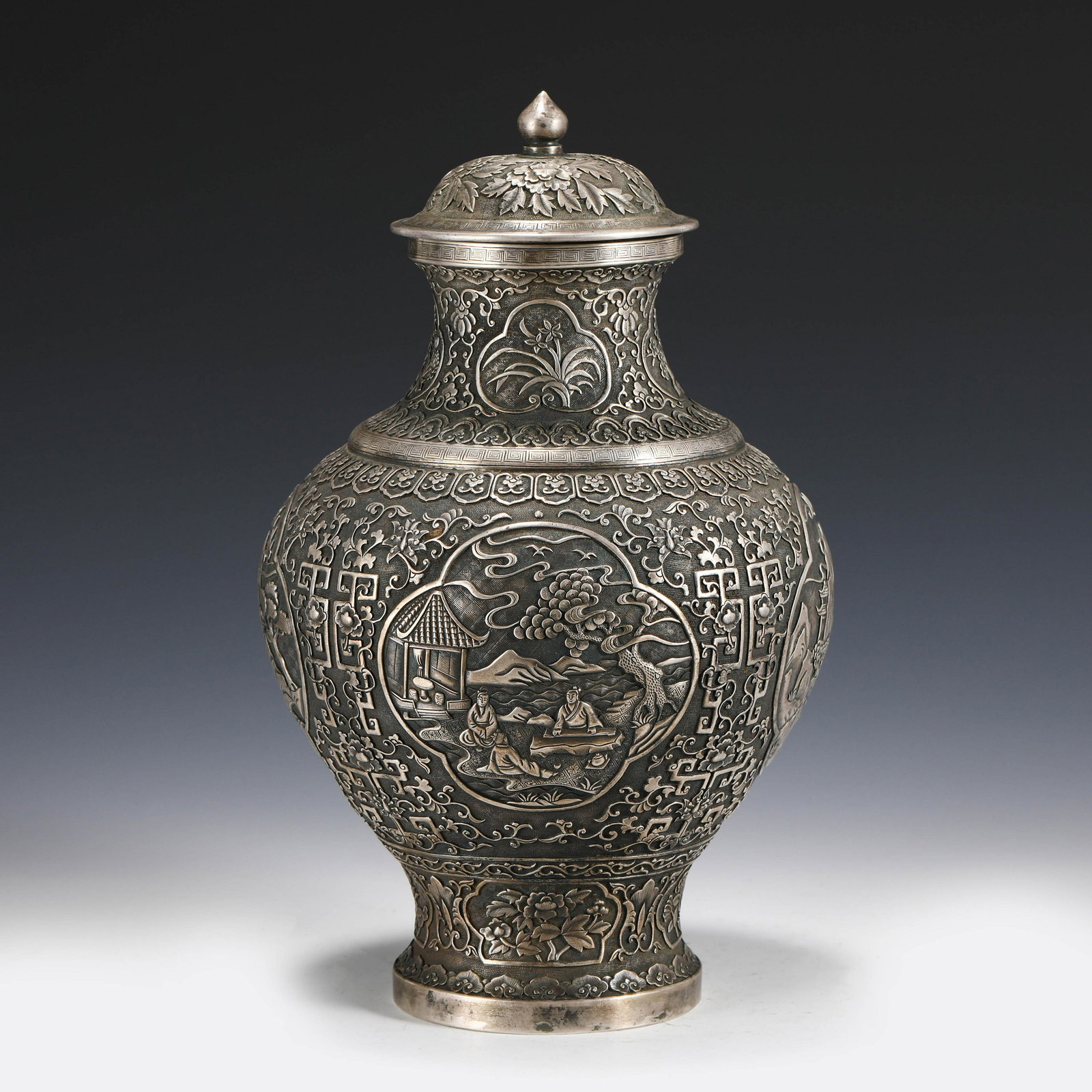 CHINESE FIGURINES FLORAL MOTIF SILVER LIDDED VASE (1 of 9)