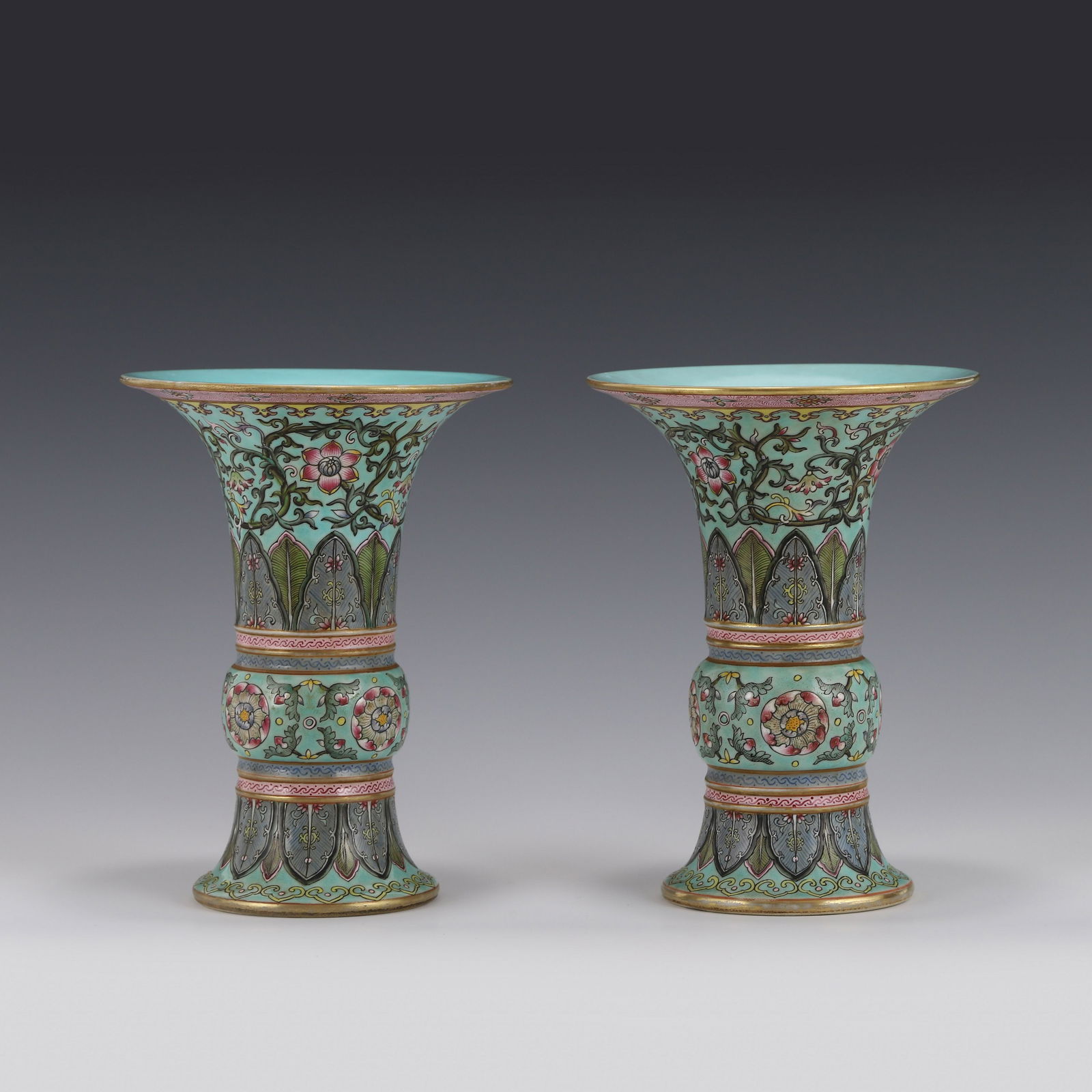 PAIR OF FAMILLE ROSE PORCELAIN GU VASES (1 of 10)