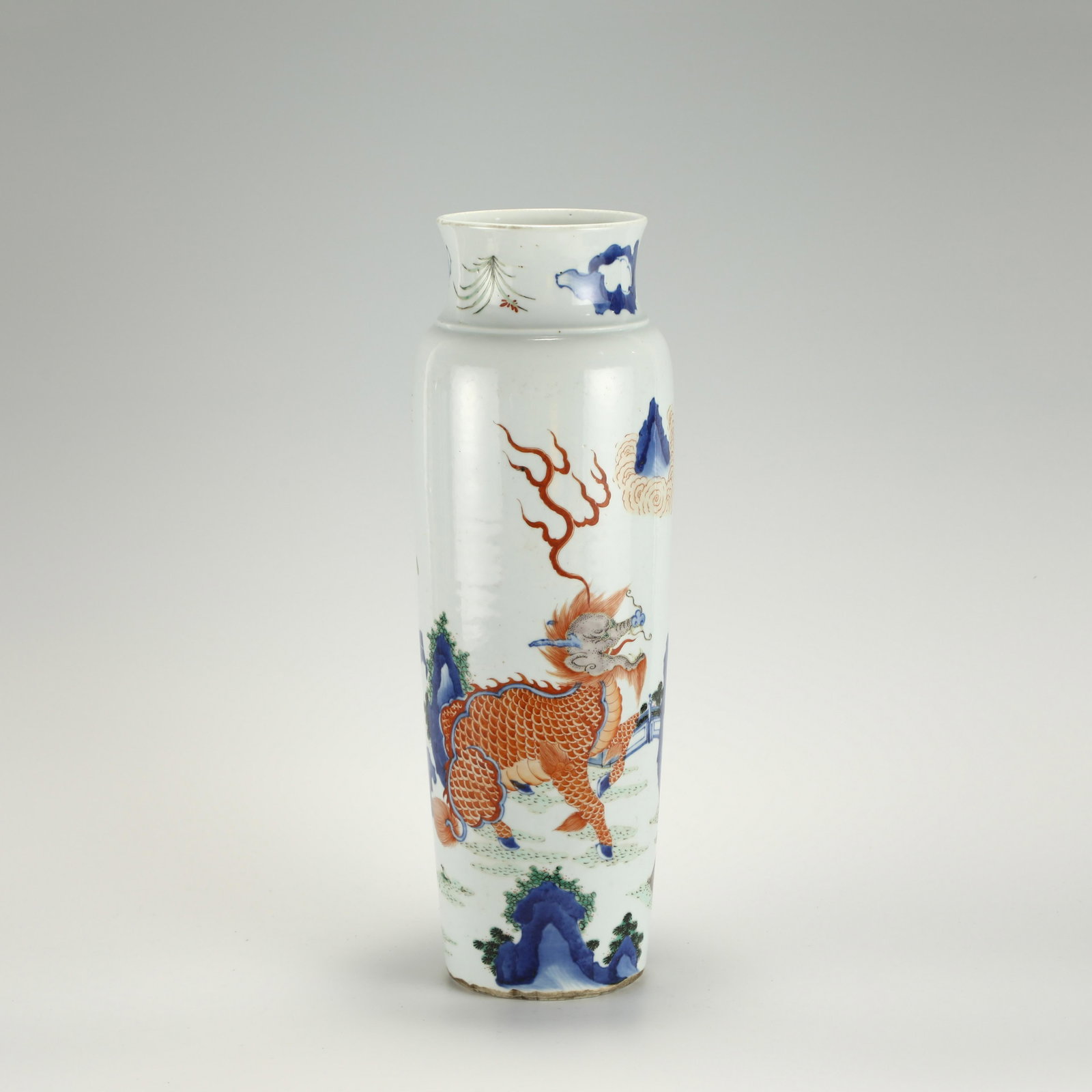 MING BLUE AND WHITE FAMILLE ROSE STICK BOTTLE VASE: PROVENANCE: From Celina, TX Private Collector. Dimensions: Heigth: 47.2 cm, Diameter: 15.7 cm Chinese Ming Dynasty Blue and White Famille Rose Porcelain Stick Bottle Vase. Potted in large shape vase, 