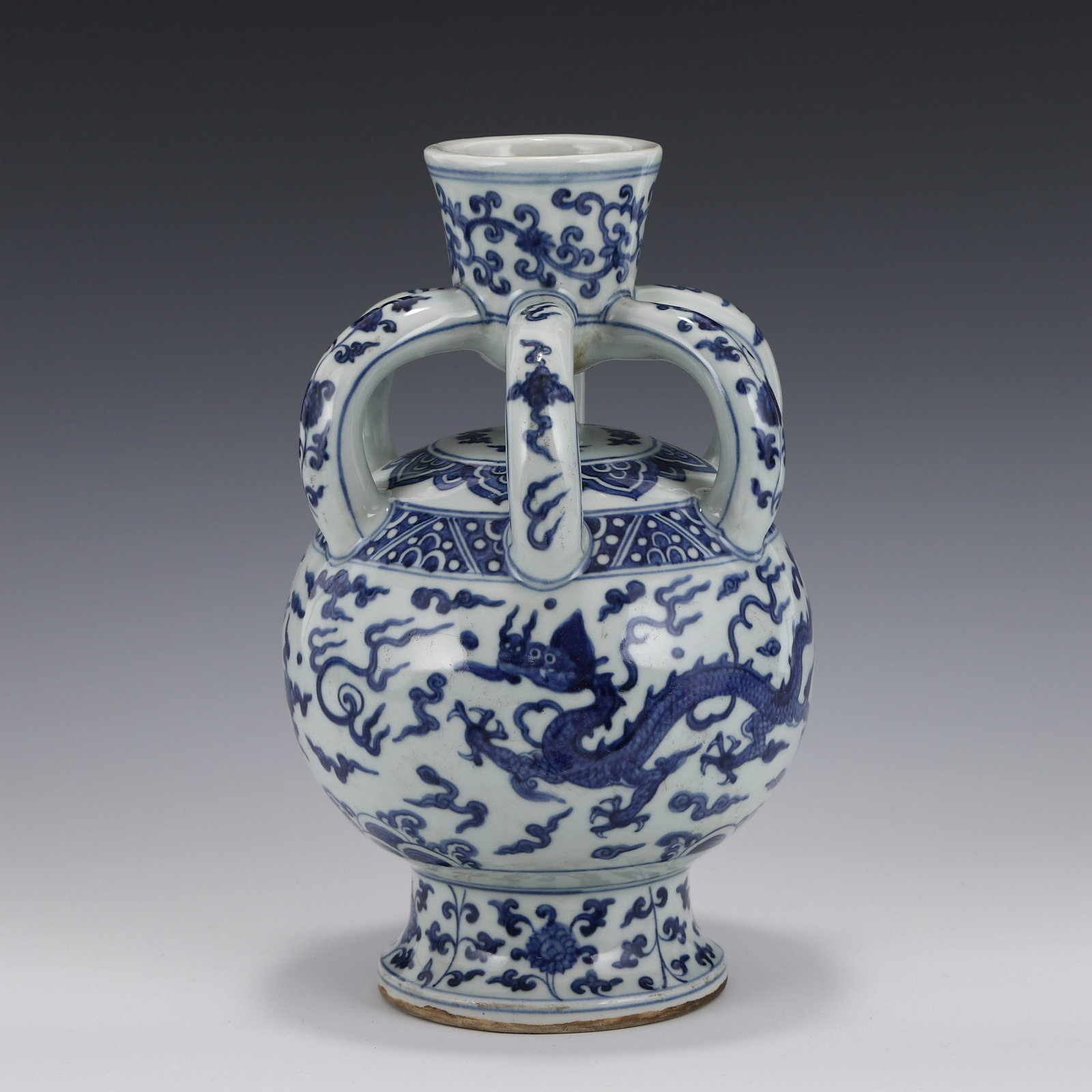 BLUE AND WHITE SIX HANDLES ZUN VASE: Dimensions: Height: 30cm, Diam: 28cm Chinese Ming Dynasty Period, ZhengDe Blue and white six ears. The porcelain potted in globular belly, thick and tall, emerge and flanked six ears on the shoulder c