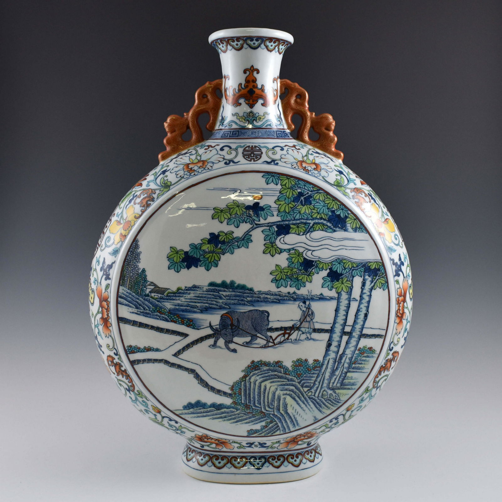 QING DOUCAI OPEN FACE LANDSCAPE AMPHORA MOON VASE (1 of 8)