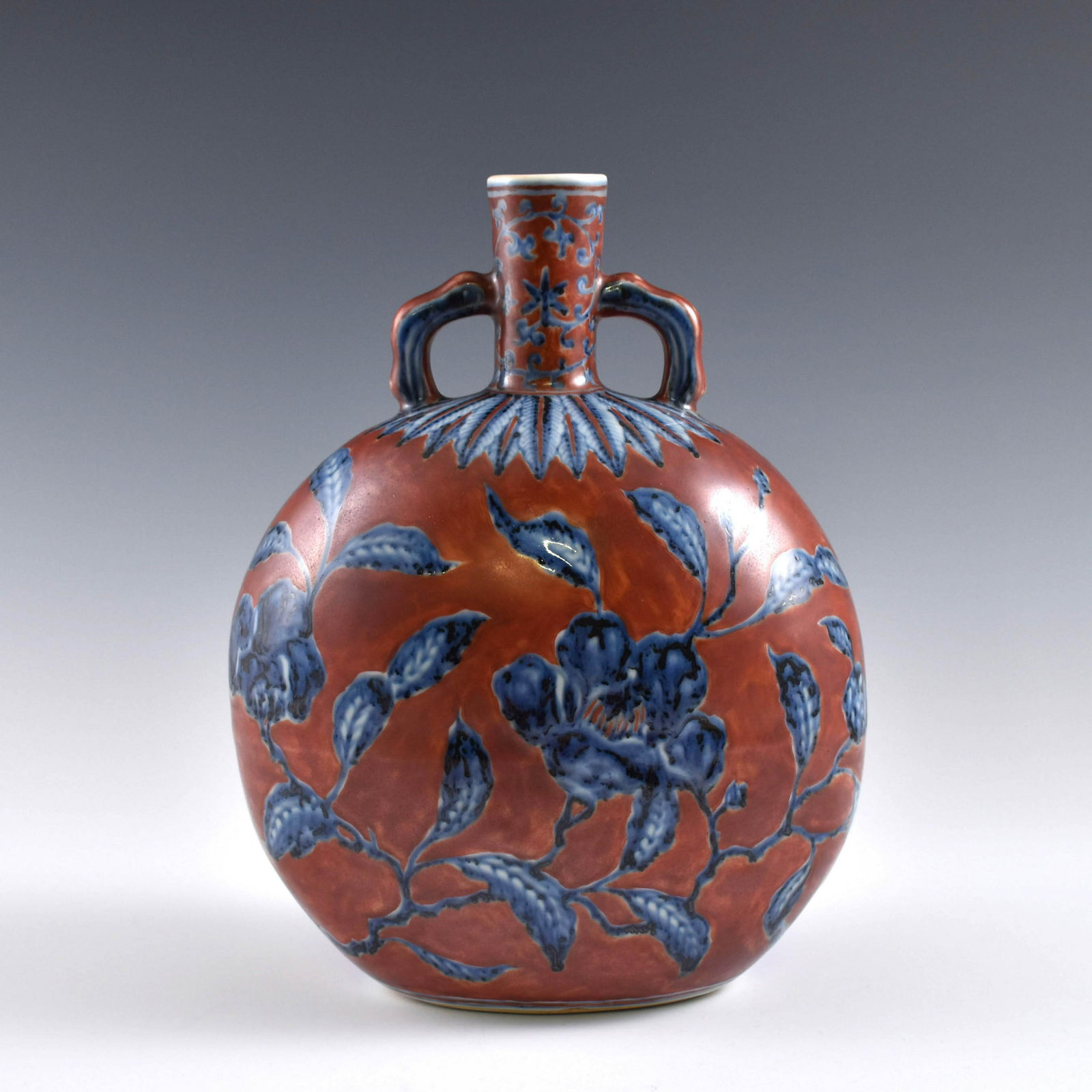 MING BLUE PEONY ON RED GROUND MOON VASE (1 of 7)