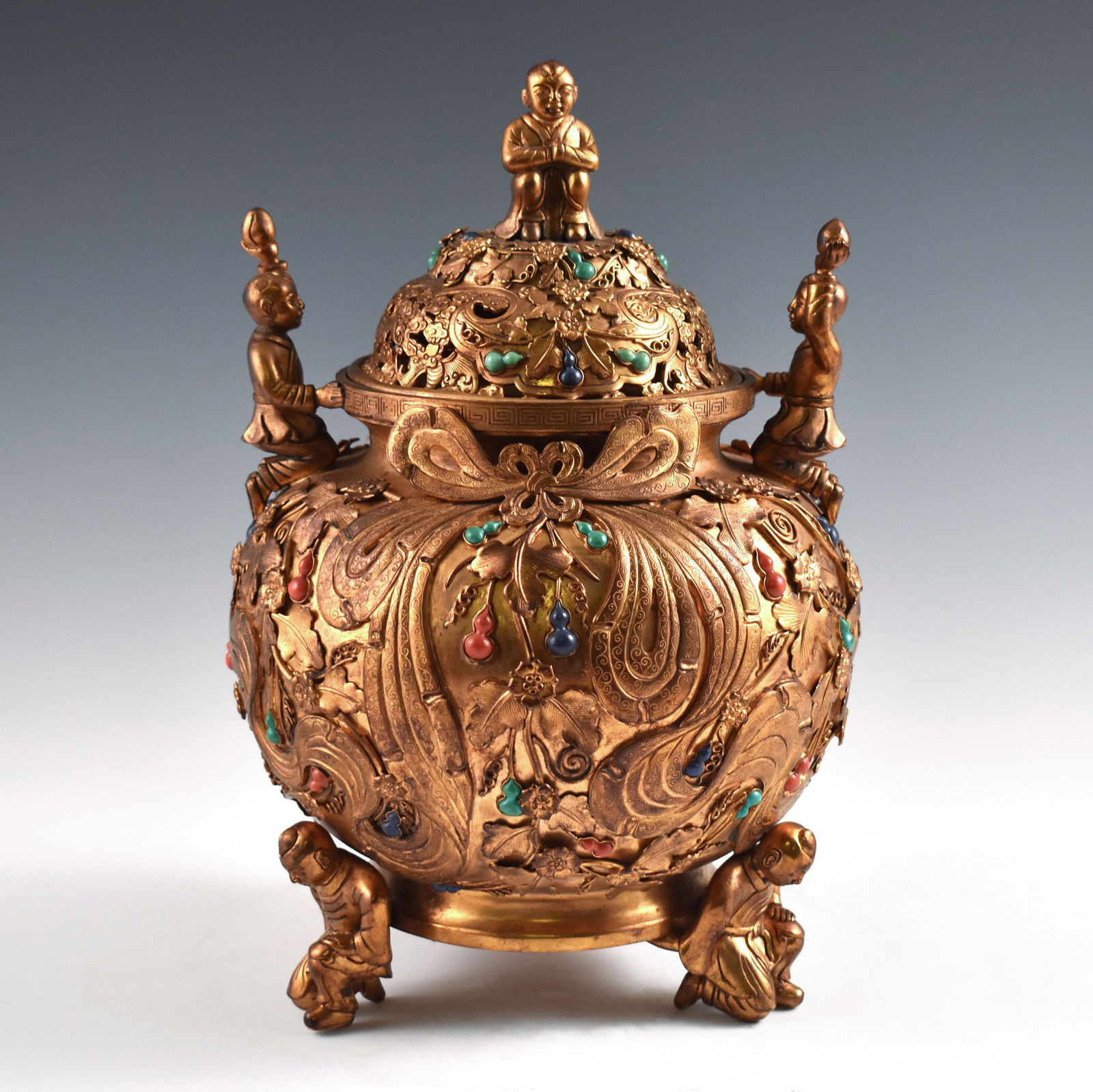 GILT BRONZE & STONES INLAID LIDDED TRIPOD CENSER (1 of 12)